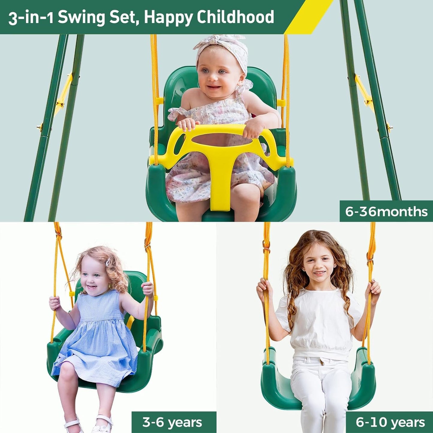 FUNLIO Toddler Swing with Foldable Stand — 3-in-1 Swing Set for Ages 1-10, Indoor/Outdoor, 4 Sandbags, Green