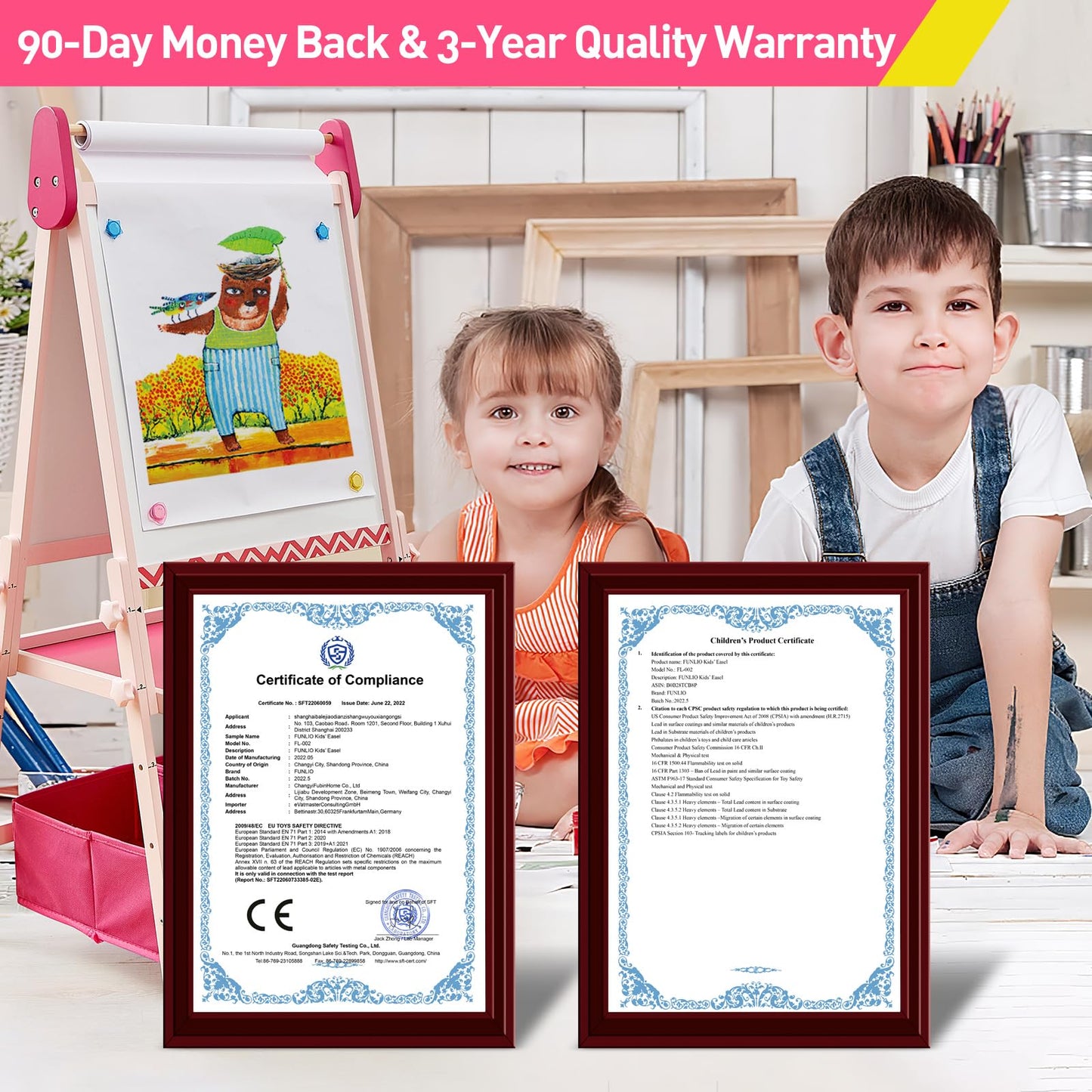 FUNLIO Anti-Warping Kids Art Easel – 3-Height Adjustable Pink, All-in-One Magnetic Chalkboard & Whiteboard