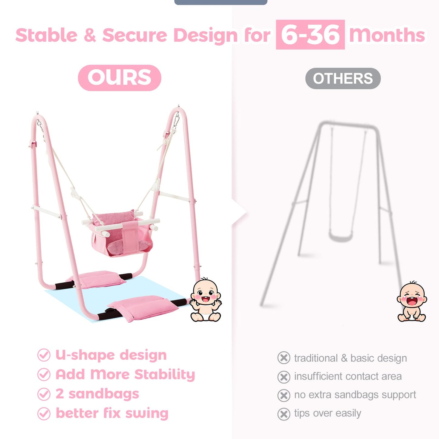 FUNLIO U-Shape Toddler Swing Set – Heavy-Duty Frame, Foldable Indoor/Outdoor (Pink)