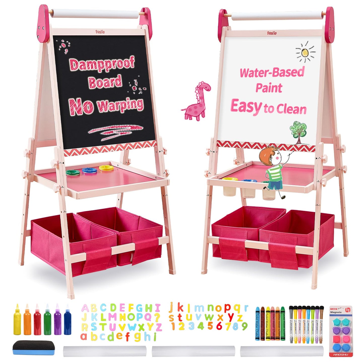 FUNLIO Anti-Warping Kids Art Easel – 3-Height Adjustable Pink, All-in-One Magnetic Chalkboard & Whiteboard