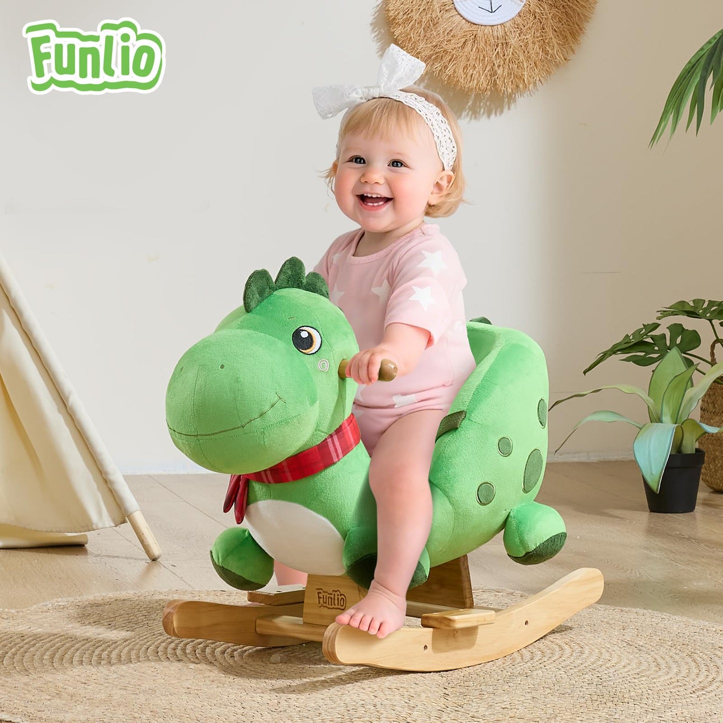 FUNLIO Dino Rocking Horse for Toddlers 1-3 | Premium Green Plush Dino Rocker CPC & CE Certified