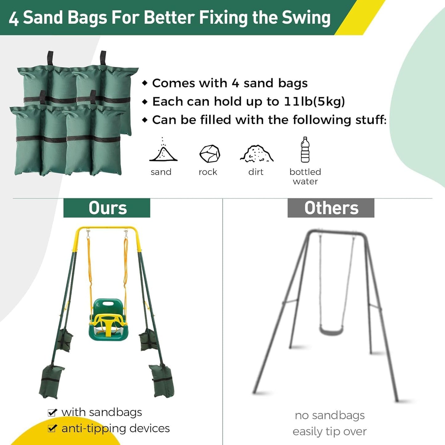 FUNLIO Toddler Swing with Foldable Stand — 3-in-1 Swing Set for Ages 1-10, Indoor/Outdoor, 4 Sandbags, Green