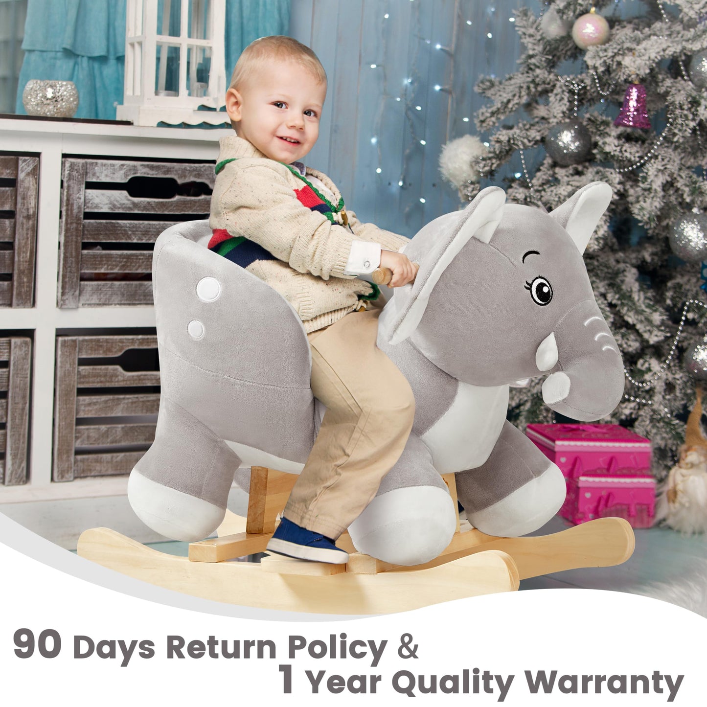 FUNLIO Elephant Baby Rocking Horse – Plush Grey Rocker for Toddlers (6 Months to 3 Years) CPC & CE Certified