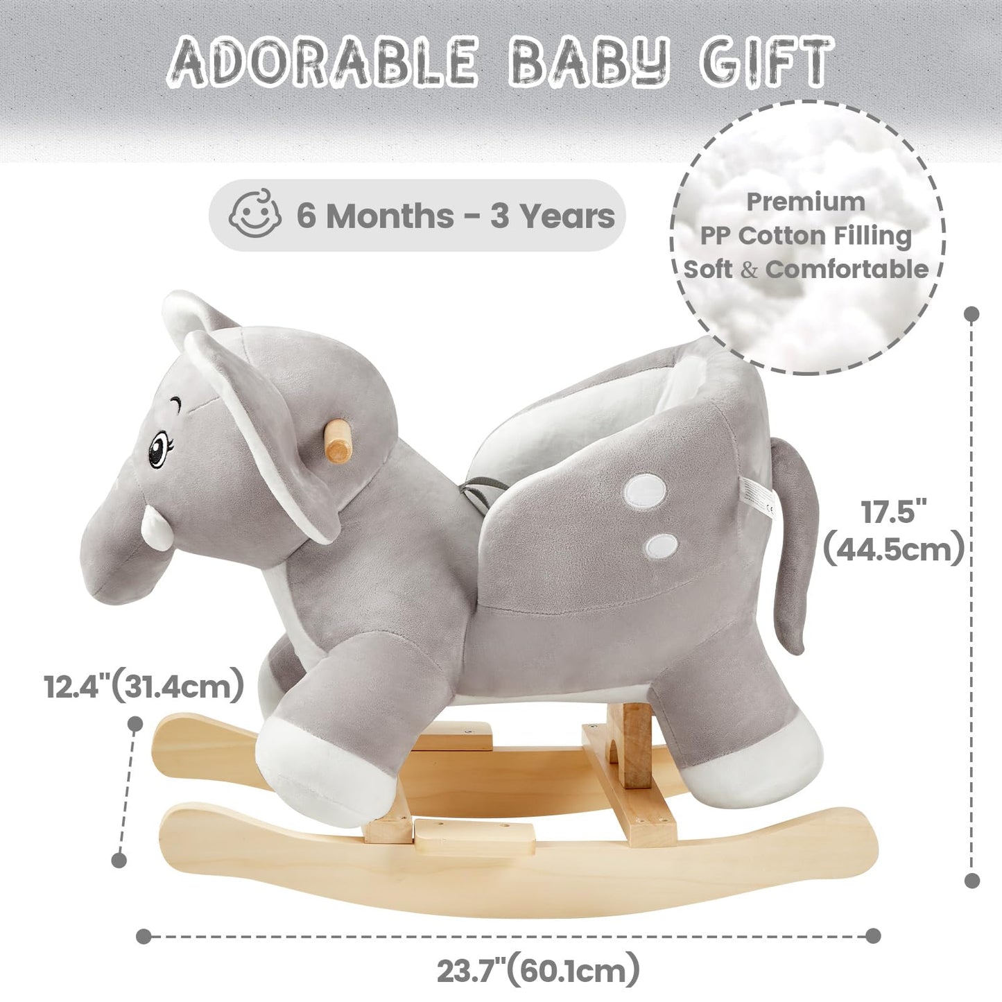 FUNLIO Elephant Baby Rocking Horse – Plush Grey Rocker for Toddlers (6 Months to 3 Years) CPC & CE Certified