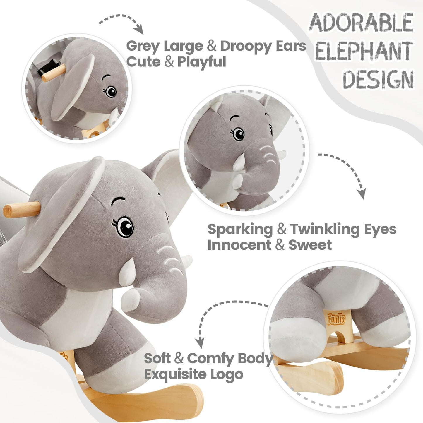 FUNLIO Elephant Baby Rocking Horse – Plush Grey Rocker for Toddlers (6 Months to 3 Years) CPC & CE Certified