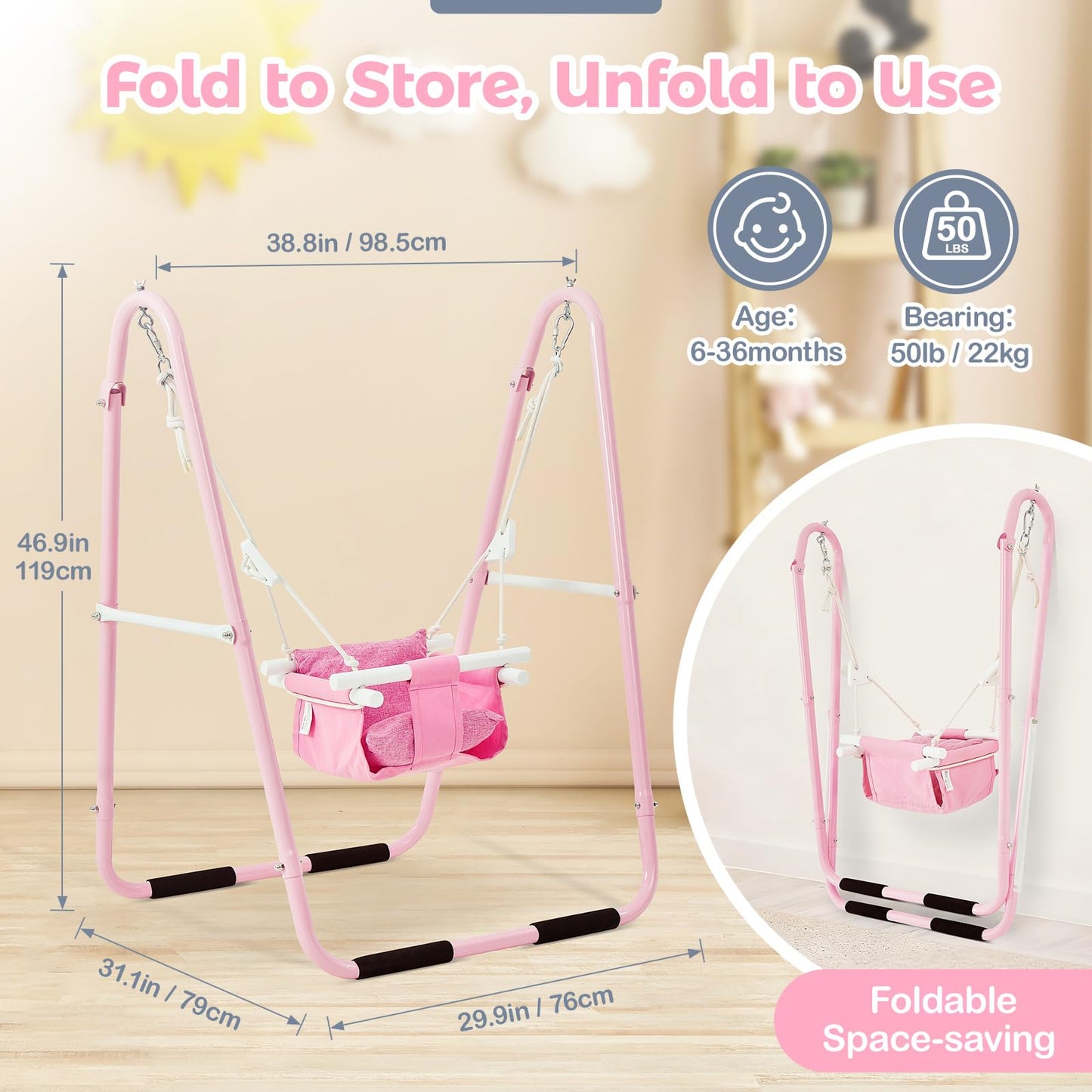 FUNLIO U-Shape Toddler Swing Set – Heavy-Duty Frame, Foldable Indoor/Outdoor (Pink)