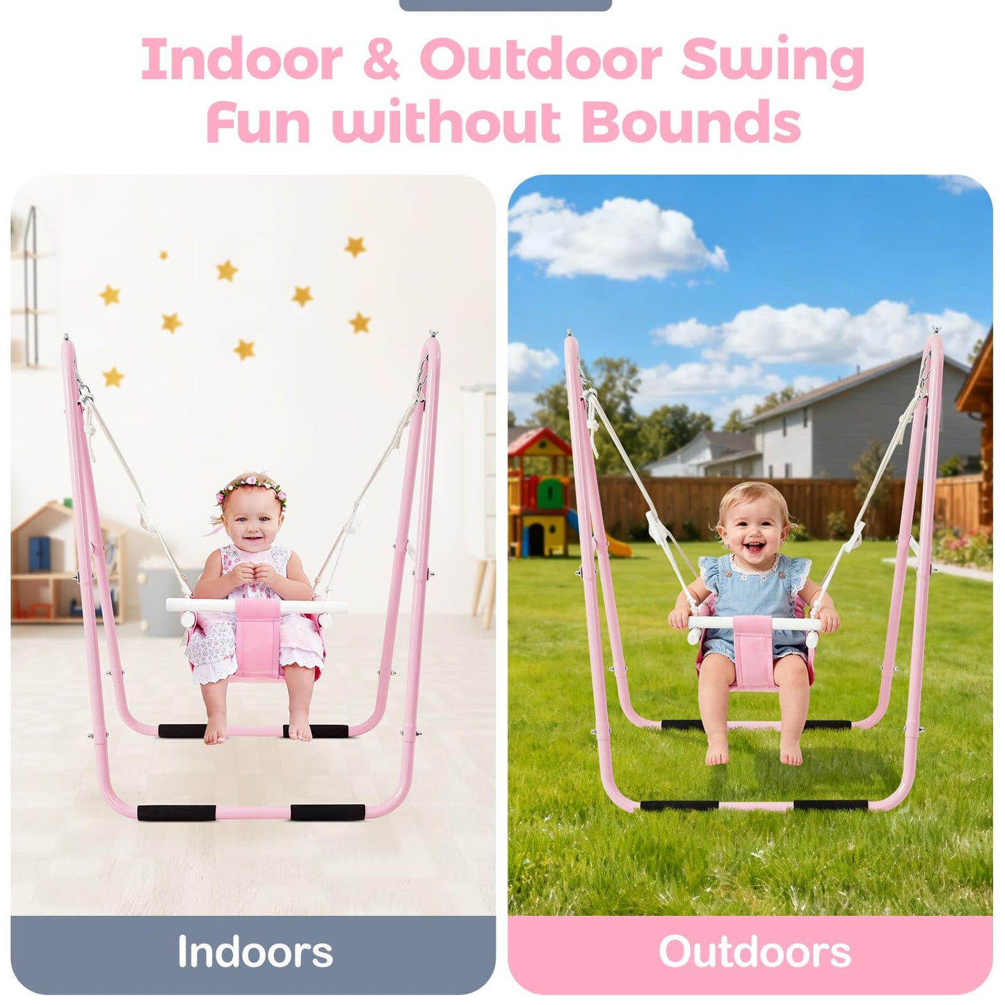 FUNLIO U-Shape Toddler Swing Set – Heavy-Duty Frame, Foldable Indoor/Outdoor (Pink)
