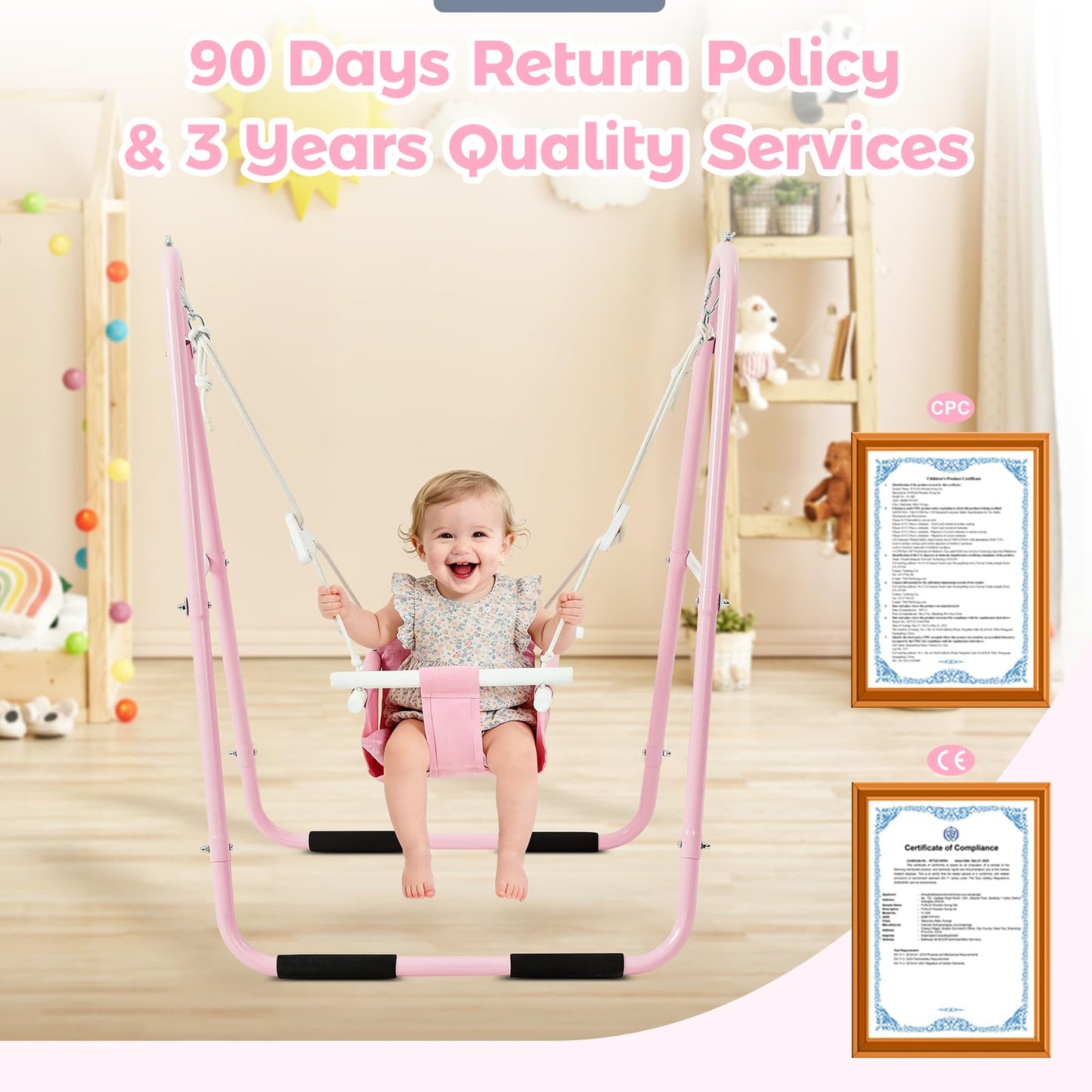 FUNLIO U-Shape Toddler Swing Set – Heavy-Duty Frame, Foldable Indoor/Outdoor (Pink)