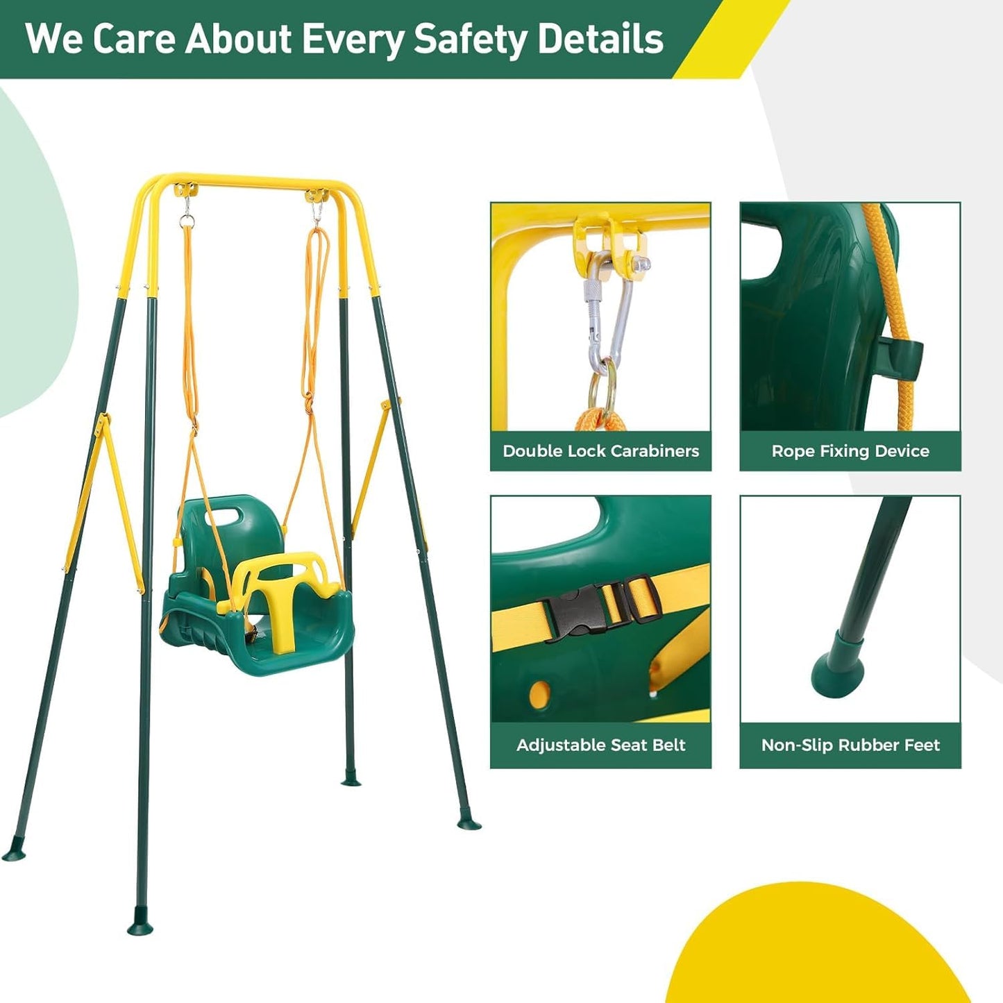 FUNLIO Toddler Swing with Foldable Stand — 3-in-1 Swing Set for Ages 1-10, Indoor/Outdoor, 4 Sandbags, Green
