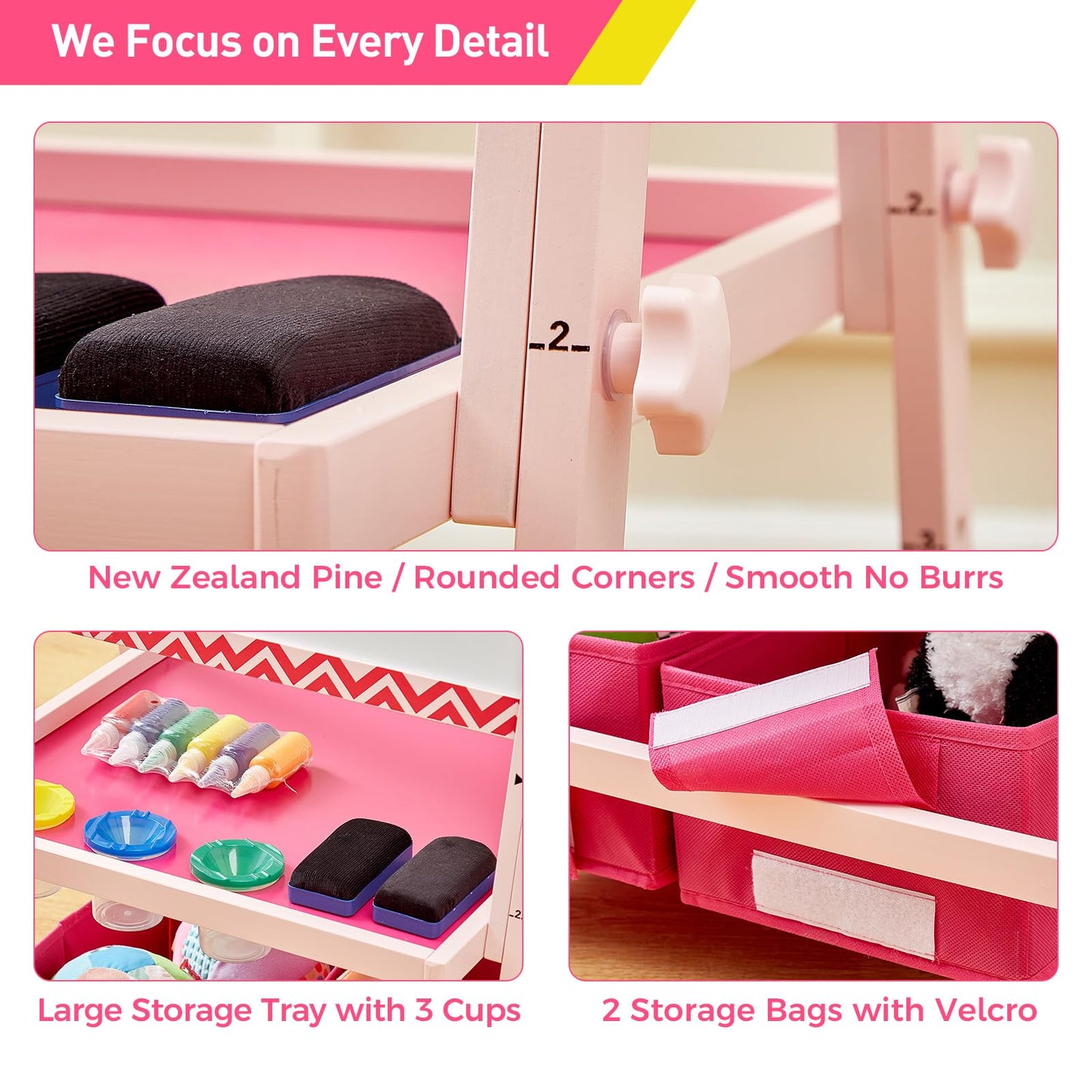 FUNLIO Anti-Warping Kids Art Easel – 3-Height Adjustable Pink, All-in-One Magnetic Chalkboard & Whiteboard