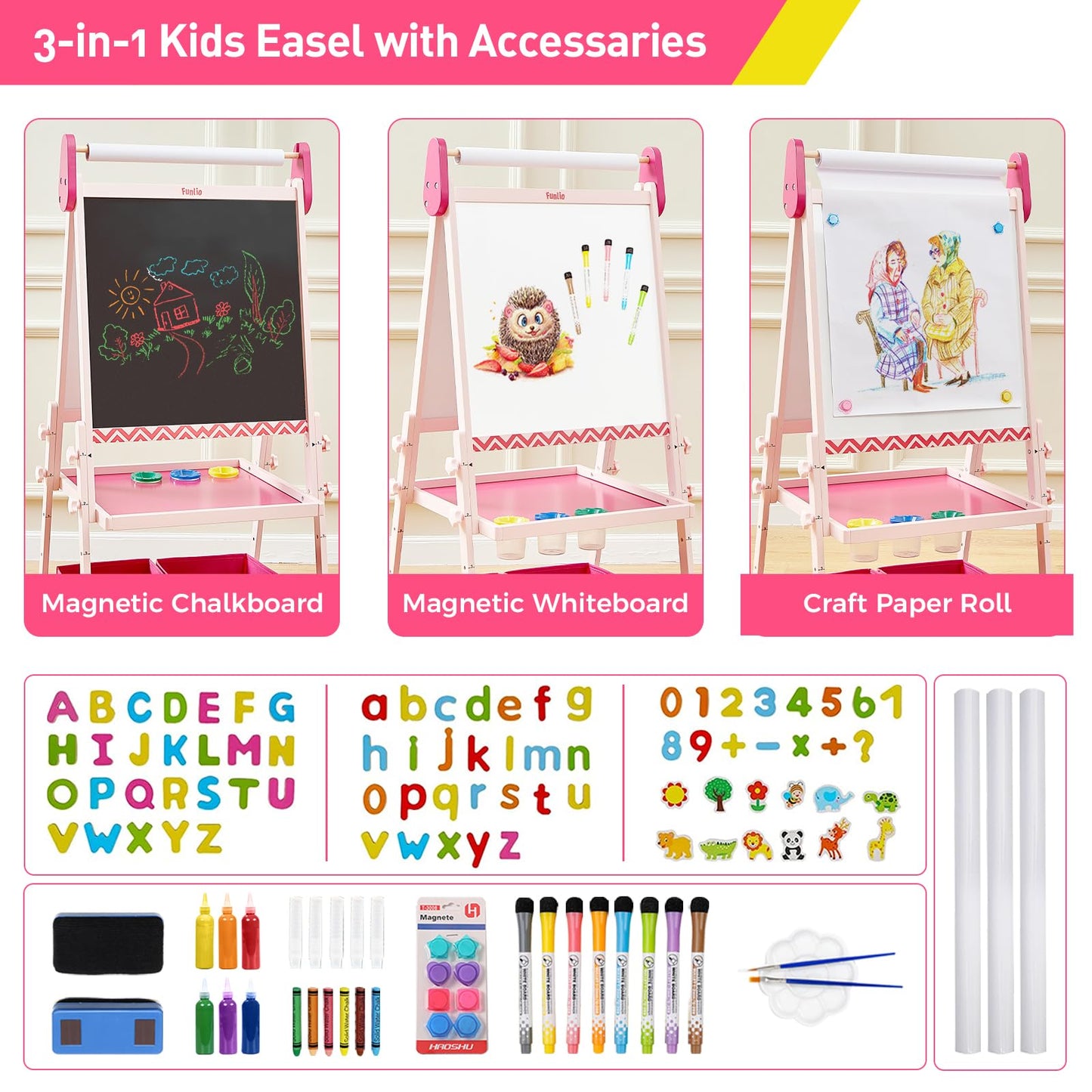FUNLIO Anti-Warping Kids Art Easel – 3-Height Adjustable Pink, All-in-One Magnetic Chalkboard & Whiteboard