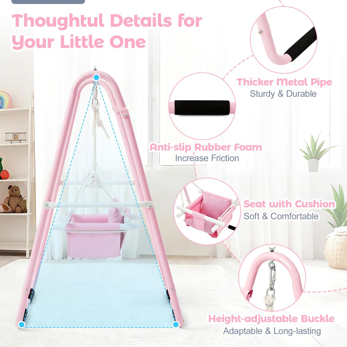 FUNLIO U-Shape Toddler Swing Set – Heavy-Duty Frame, Foldable Indoor/Outdoor (Pink)