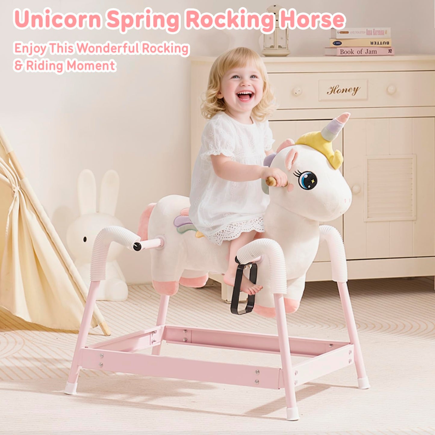 FUNLIO Unicorn Spring Rocking Horse for Kids 3-6 – Rainbow Fairy Ride-on with Covered Spring