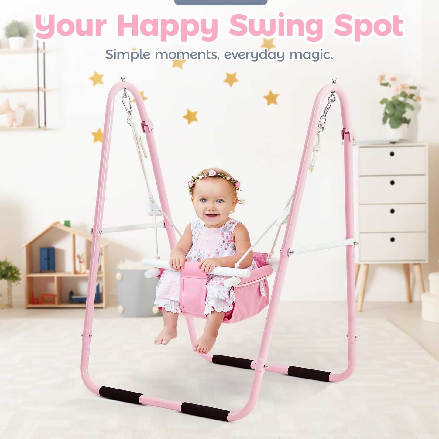 FUNLIO U-Shape Toddler Swing Set – Heavy-Duty Frame, Foldable Indoor/Outdoor (Pink)