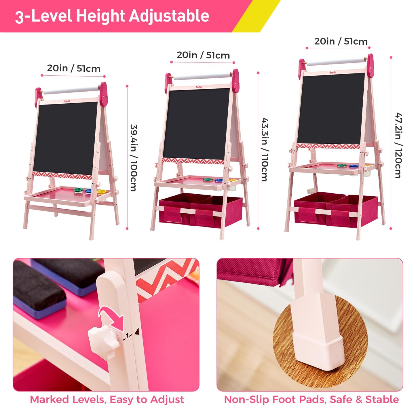 FUNLIO Anti-Warping Kids Art Easel – 3-Height Adjustable Pink, All-in-One Magnetic Chalkboard & Whiteboard