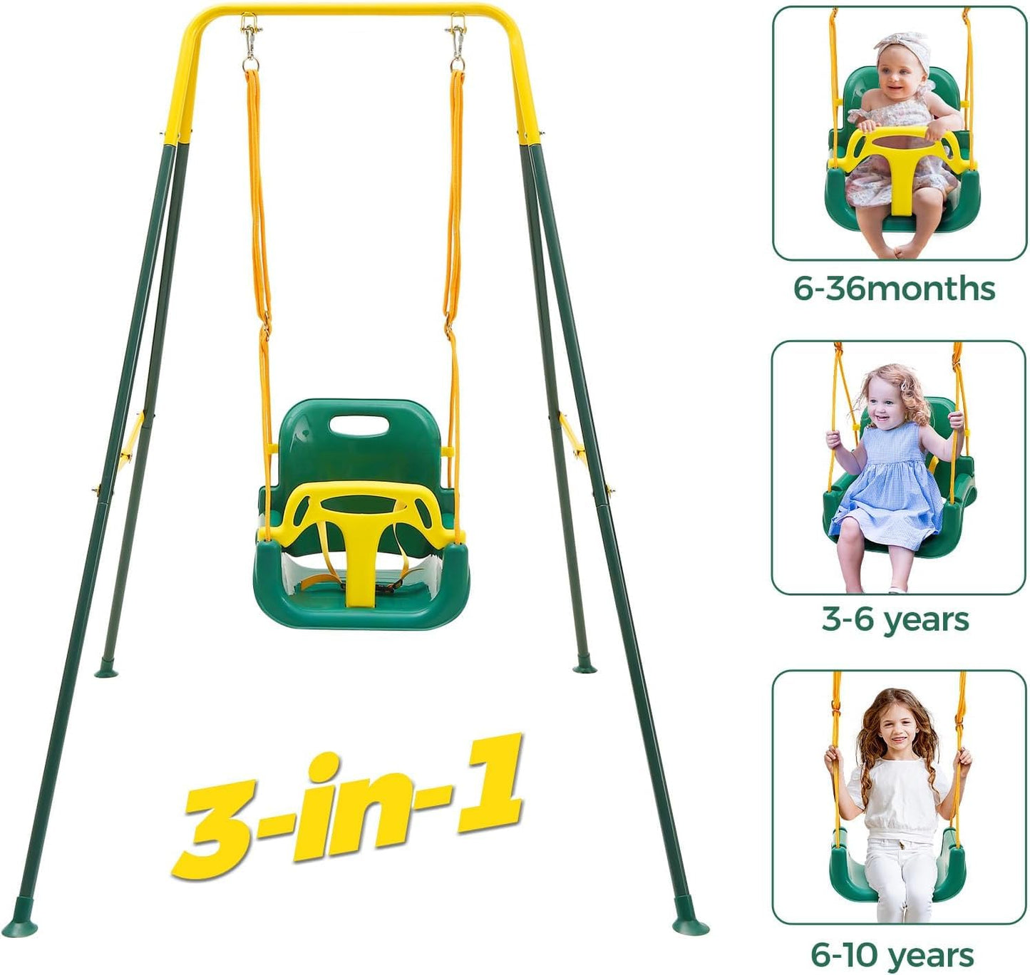 FUNLIO Toddler Swing with Foldable Stand — 3-in-1 Swing Set for Ages 1-10, Indoor/Outdoor, 4 Sandbags, Green
