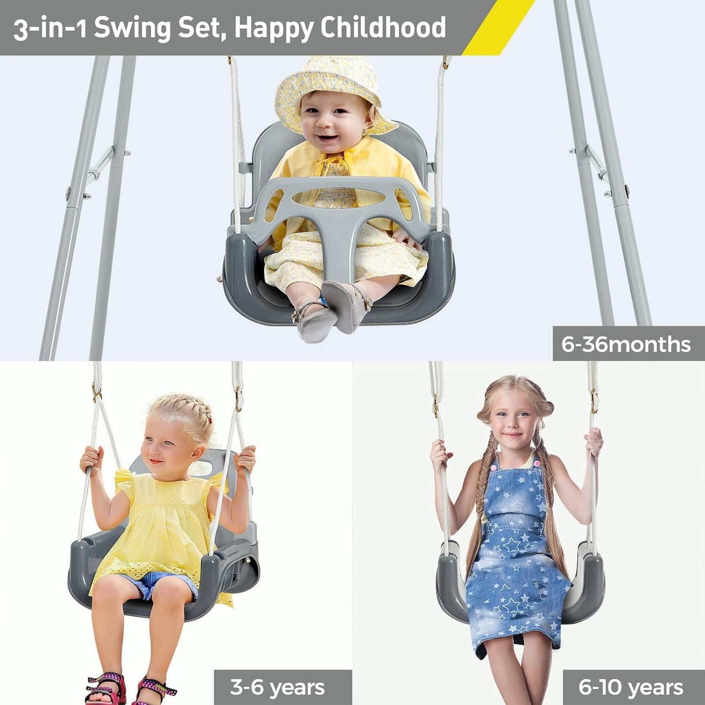 FUNLIO Toddler Swing with Foldable Metal Stand – 3-in-1 Set for 1–10 Years (Indoor/Outdoor)