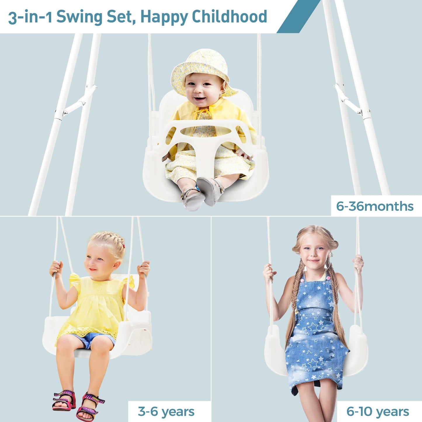 FUNLIO Toddler Swing with Foldable Stand – 3-in-1 Swing Set for Ages 1–10 | Easy Setup