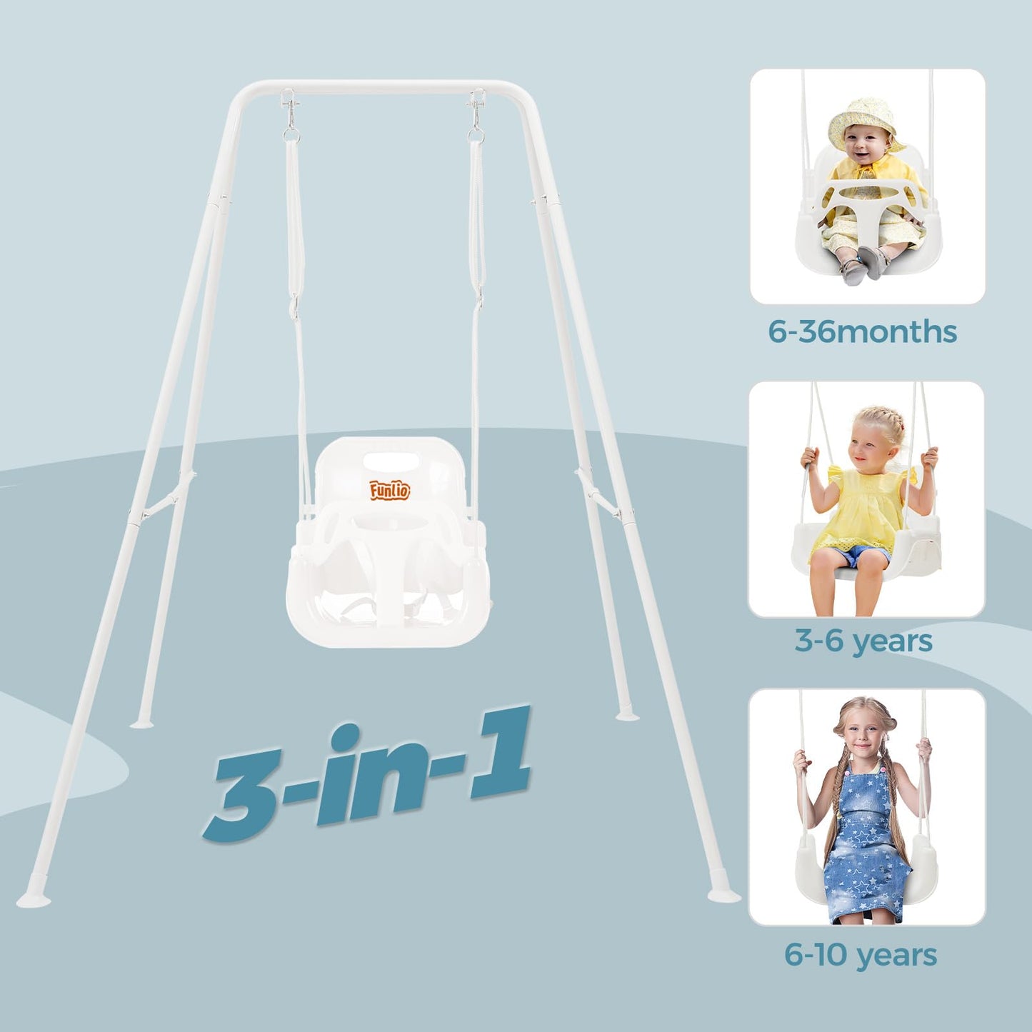FUNLIO Toddler Swing with Foldable Stand – 3-in-1 Swing Set for Ages 1–10 | Easy Setup
