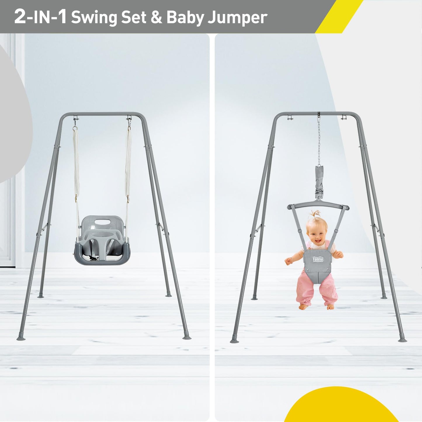 FUNLIO 2-in-1 Swing Set & Baby Jumper – Indoor Outdoor Foldable Stand