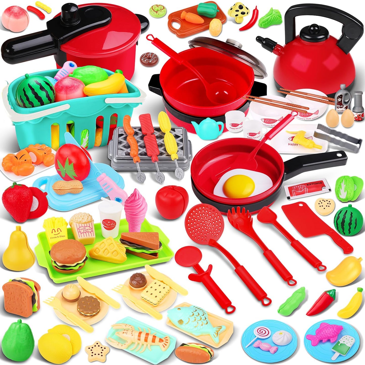 FunMission 134 Pcs Toy Kitchen Accessories – Pretend Cooking Playset with BBQ Grill & More