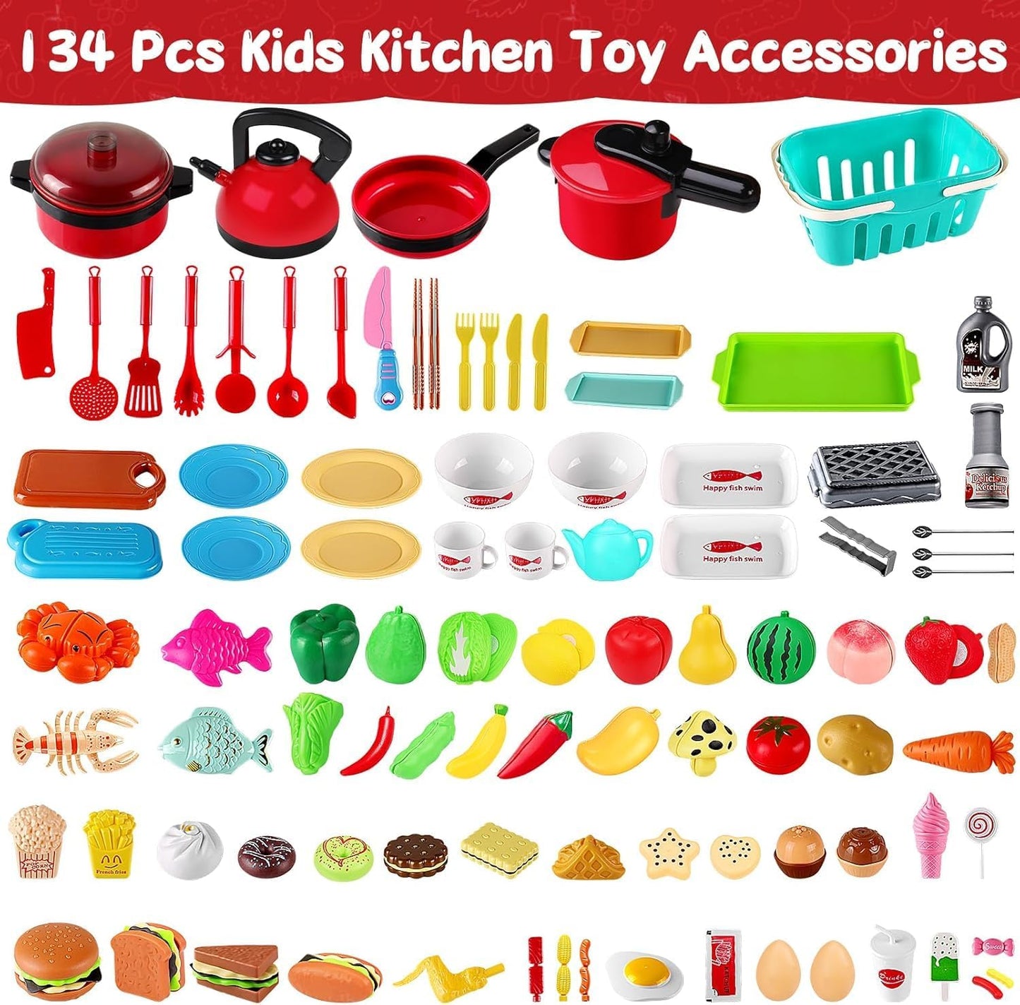 FunMission 134 Pcs Toy Kitchen Accessories – Pretend Cooking Playset with BBQ Grill & More