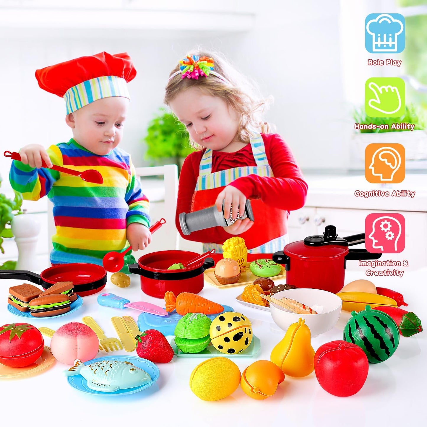FunMission 134 Pcs Toy Kitchen Accessories – Pretend Cooking Playset with BBQ Grill & More