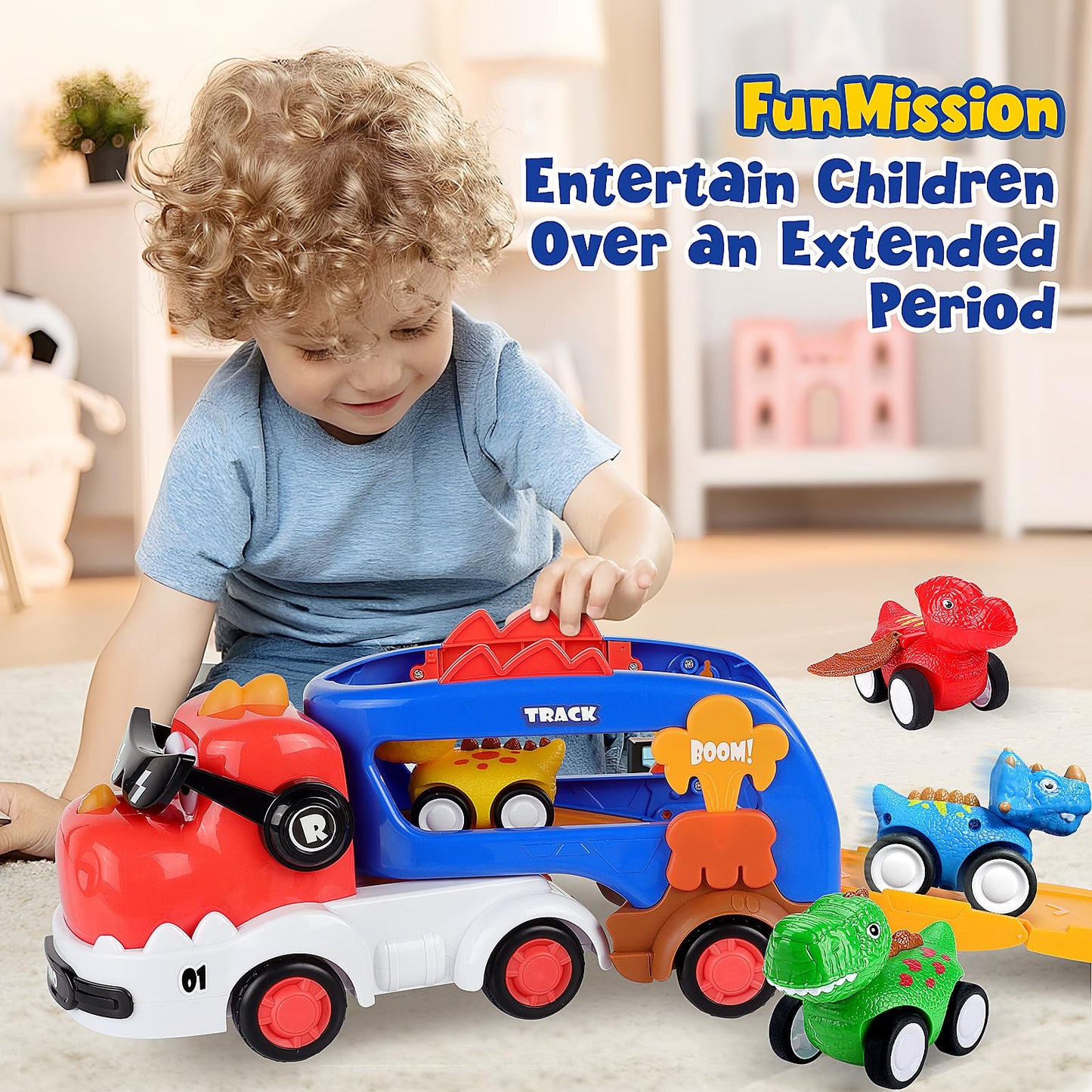 FunMission 5-in-1 Dinosaur Toys for Kids 3-5 | Dino Truck with 4 Pull-Back Cars
