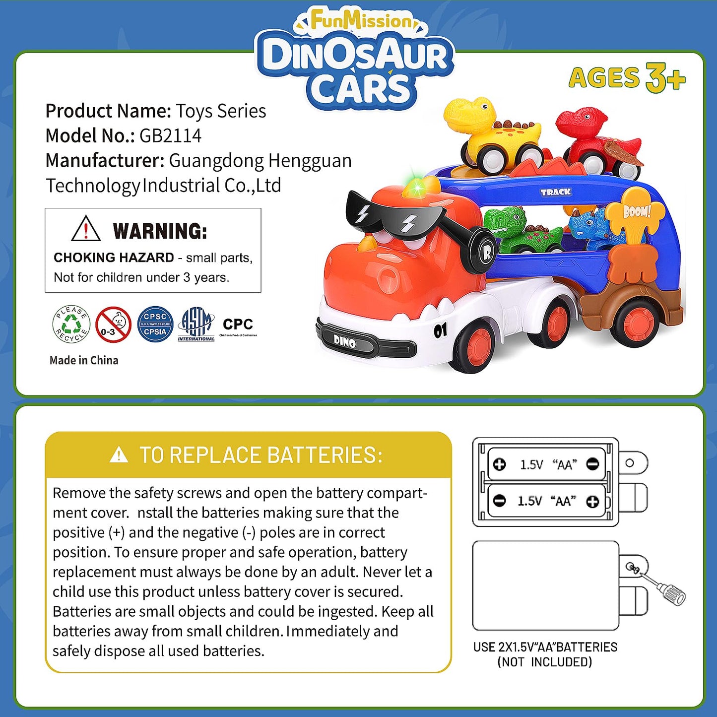 FunMission 5-in-1 Dinosaur Toys for Kids 3-5 | Dino Truck with 4 Pull-Back Cars