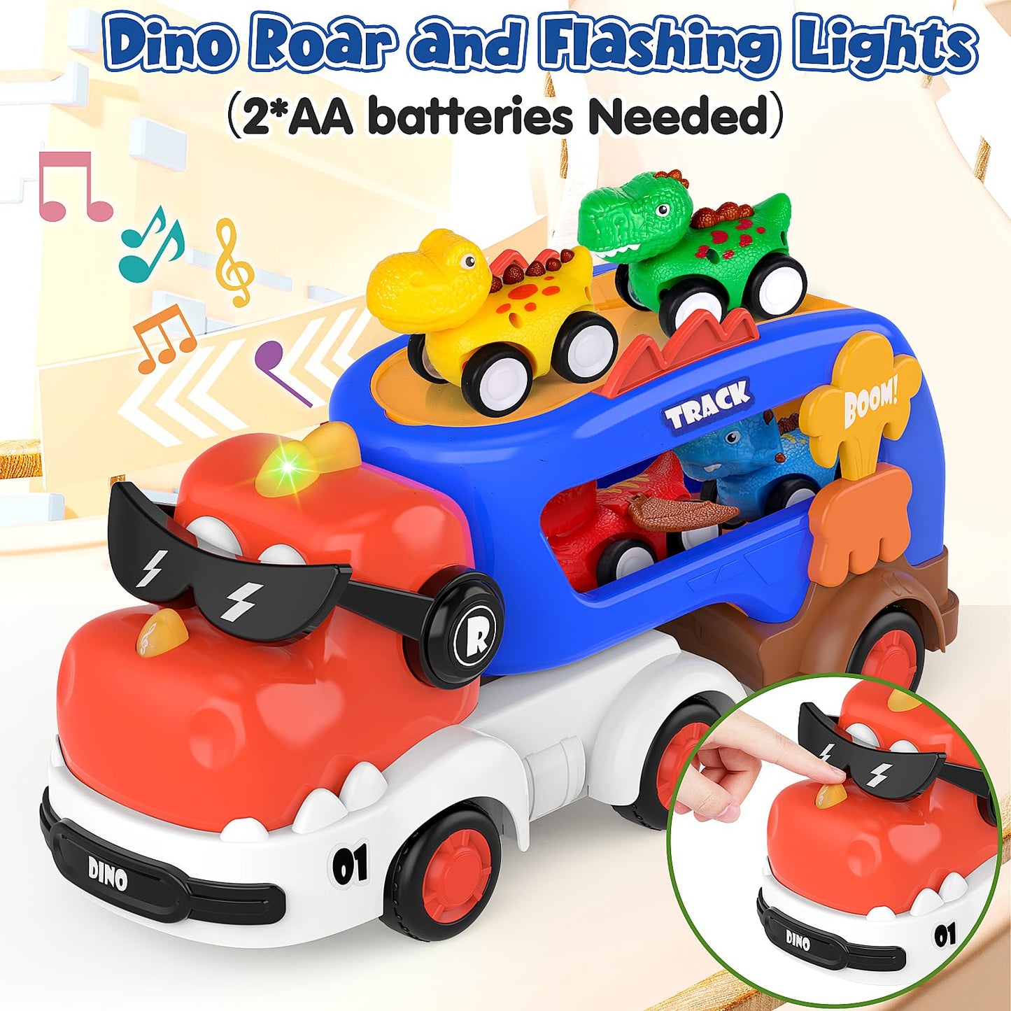 FunMission 5-in-1 Dinosaur Toys for Kids 3-5 | Dino Truck with 4 Pull-Back Cars