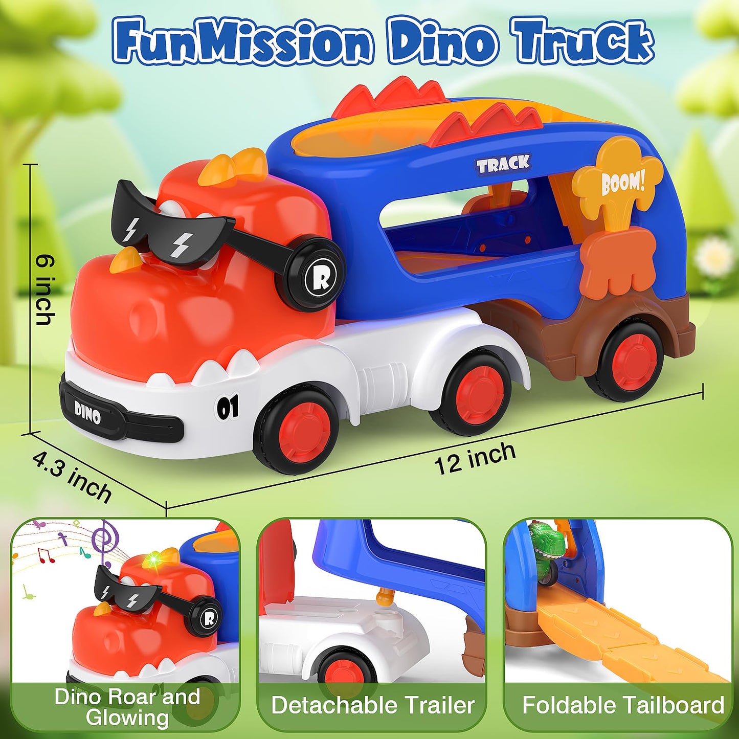 FunMission 5-in-1 Dinosaur Toys for Kids 3-5 | Dino Truck with 4 Pull-Back Cars