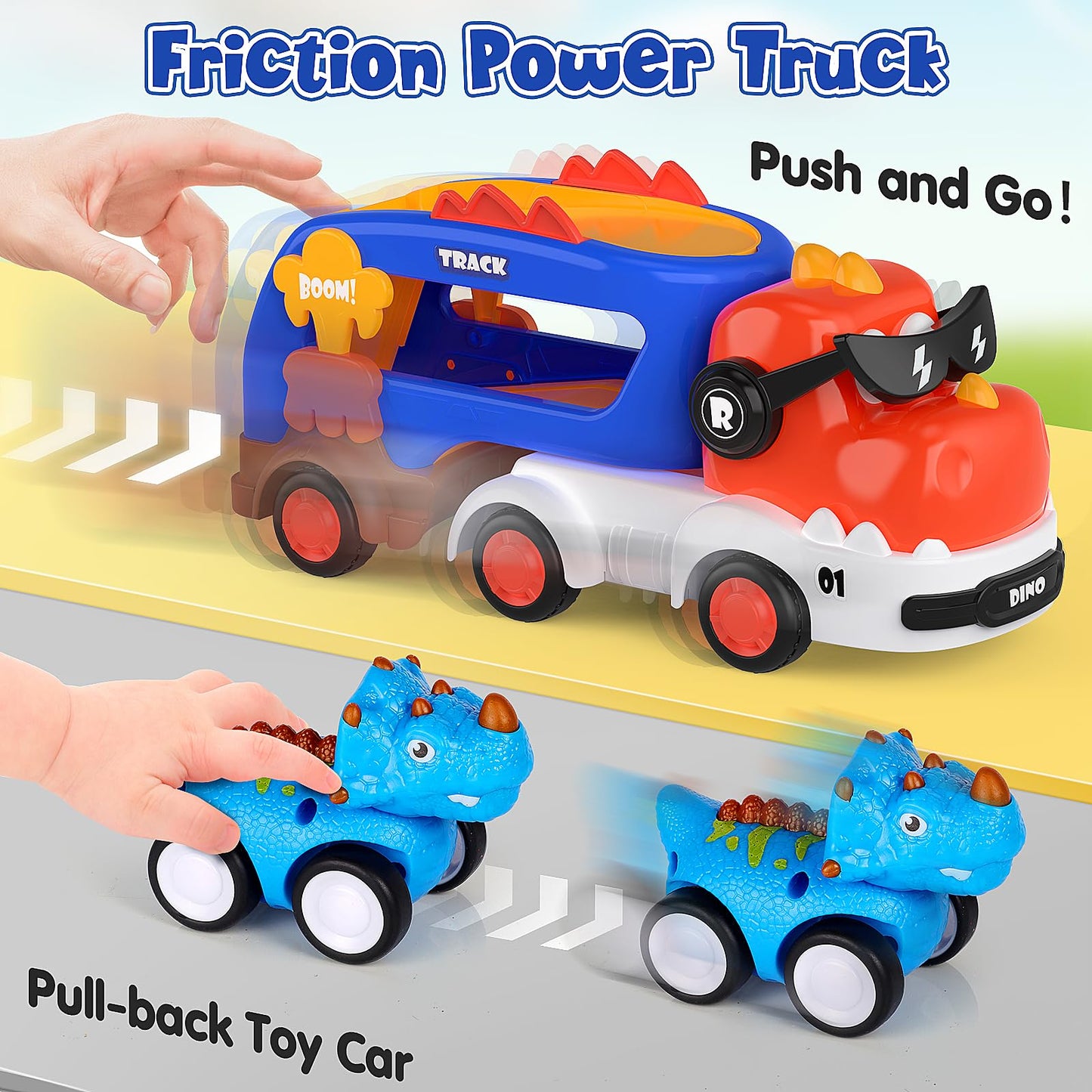 FunMission 5-in-1 Dinosaur Toys for Kids 3-5 | Dino Truck with 4 Pull-Back Cars