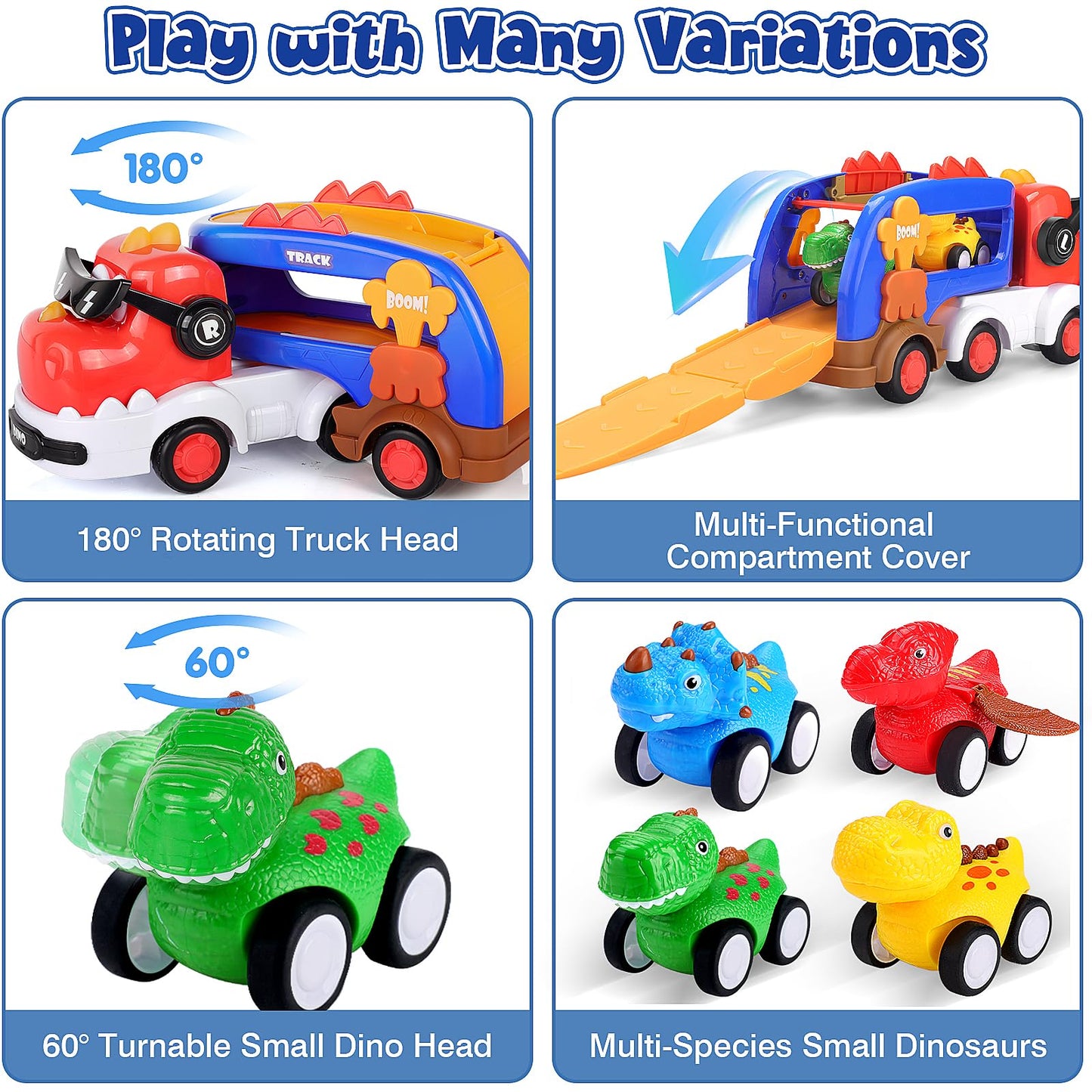 FunMission 5-in-1 Dinosaur Toys for Kids 3-5 | Dino Truck with 4 Pull-Back Cars