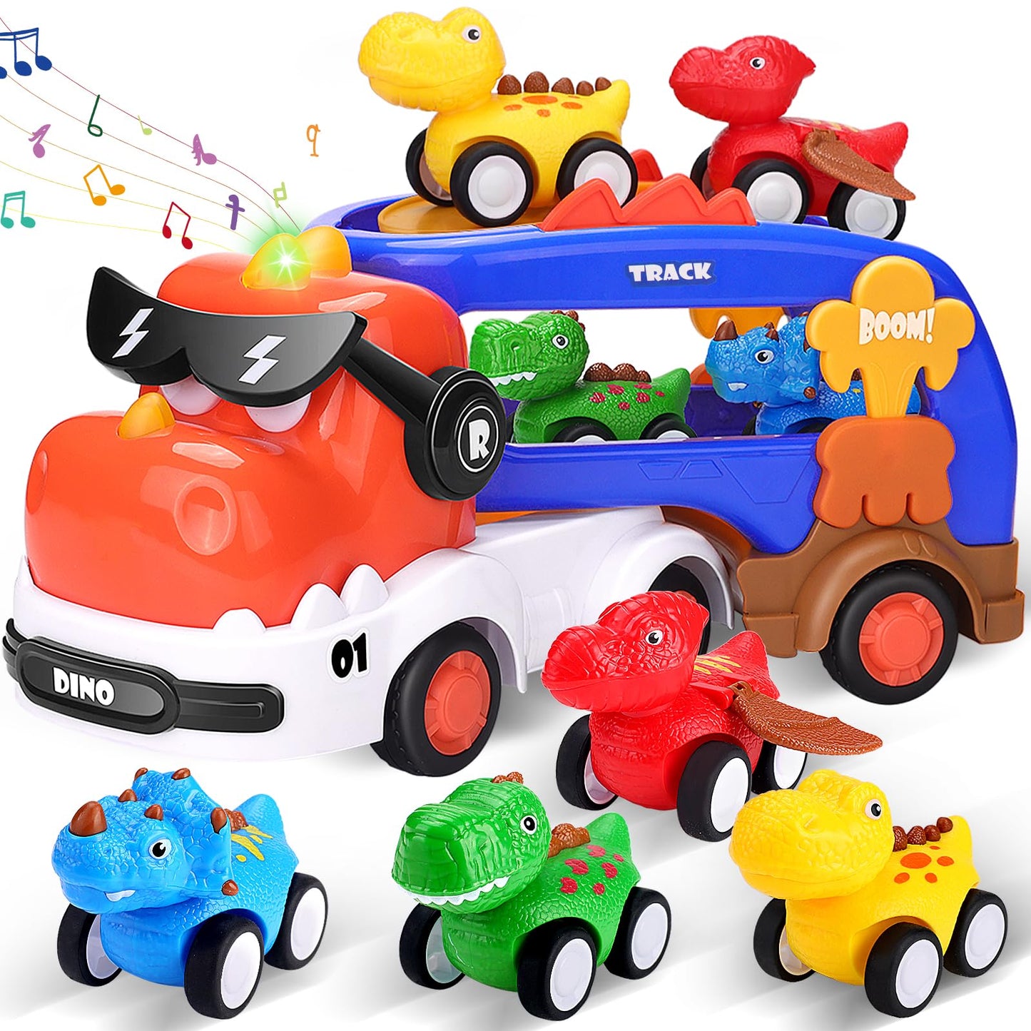 FunMission 5-in-1 Dinosaur Toys for Kids 3-5 | Dino Truck with 4 Pull-Back Cars