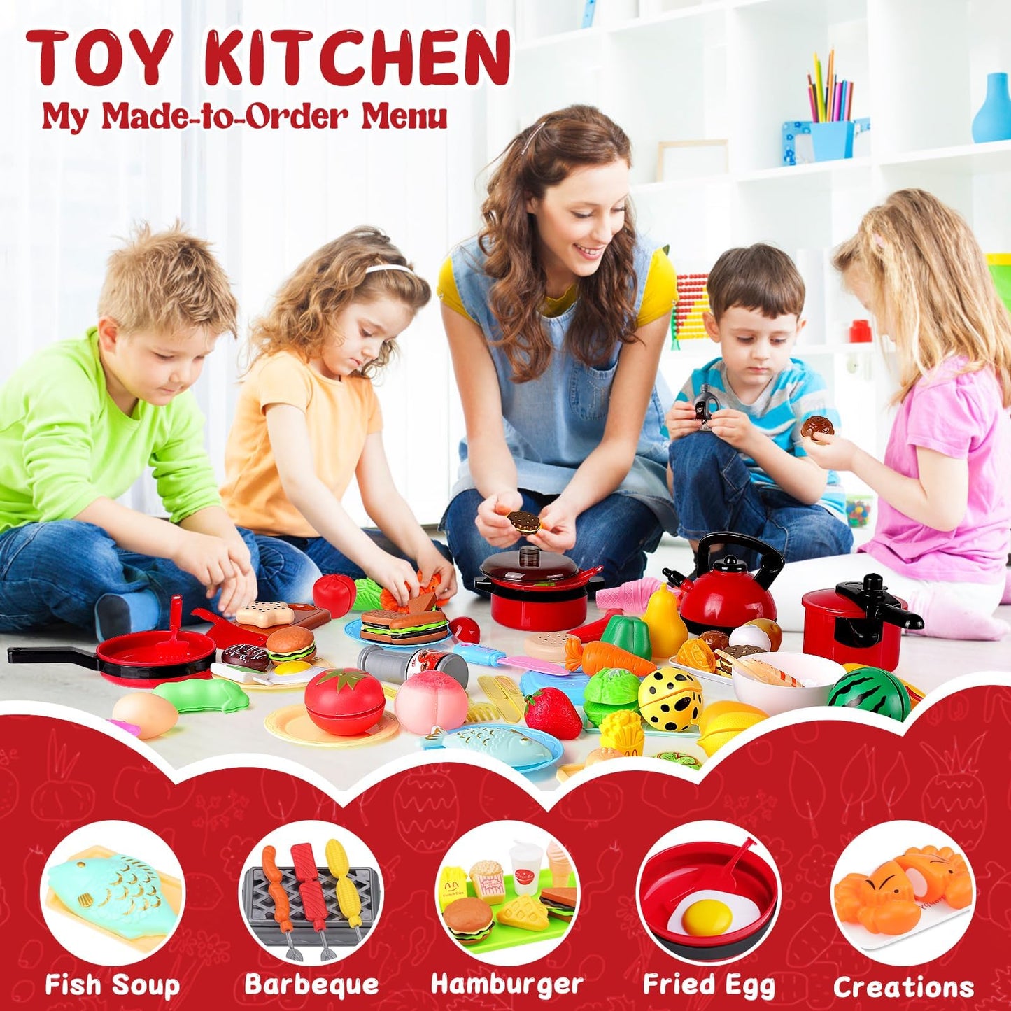 FunMission 134 Pcs Toy Kitchen Accessories – Pretend Cooking Playset with BBQ Grill & More