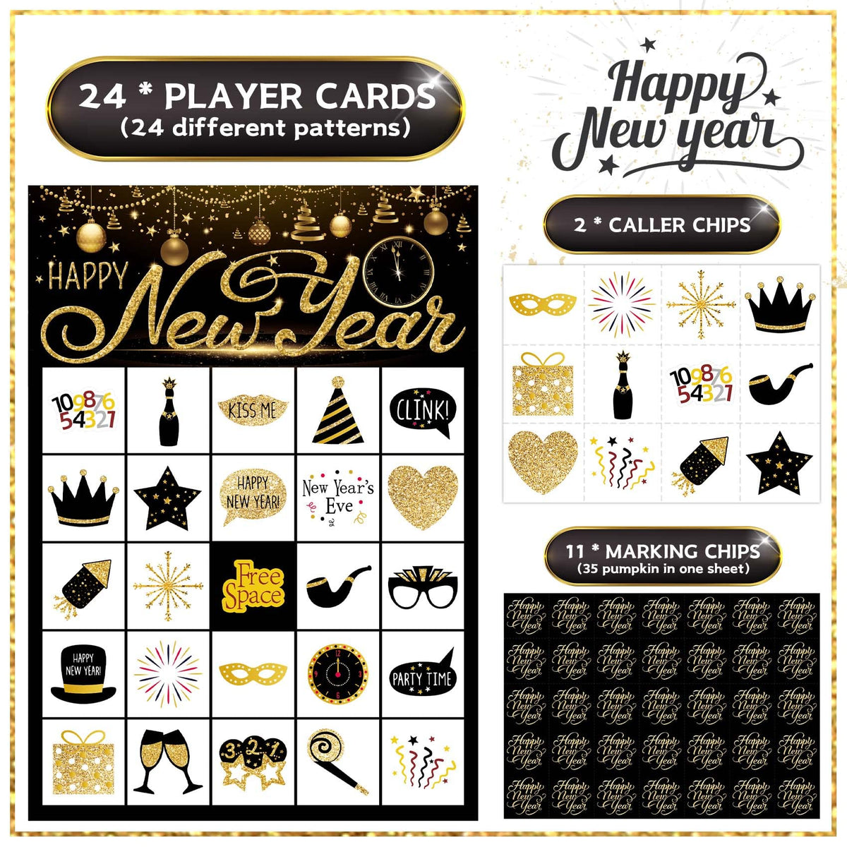 Funnlot New Year Eve Bingo — 24-Player Kids & School Party Pack