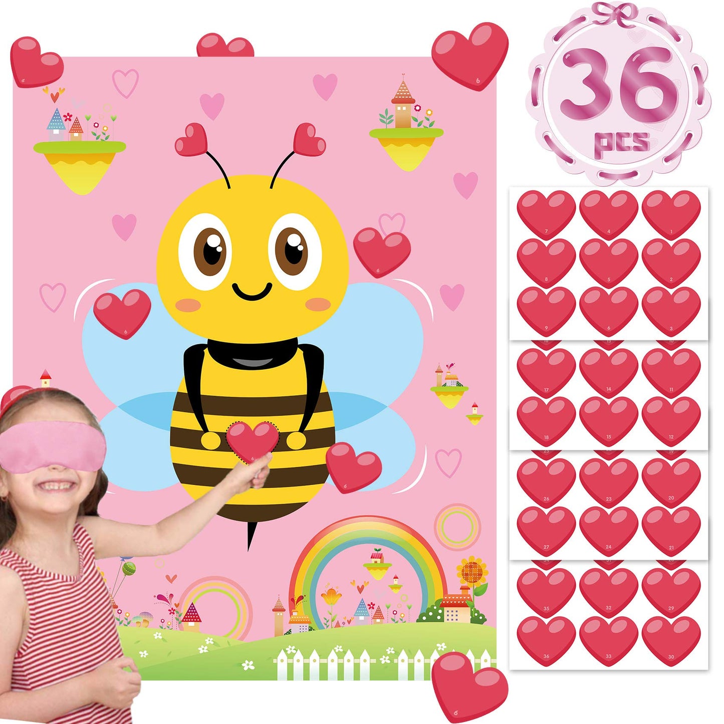 Funnlot Valentine Day Games for Kids – Pin the Heart on the Bee with 36 Heart Stickers