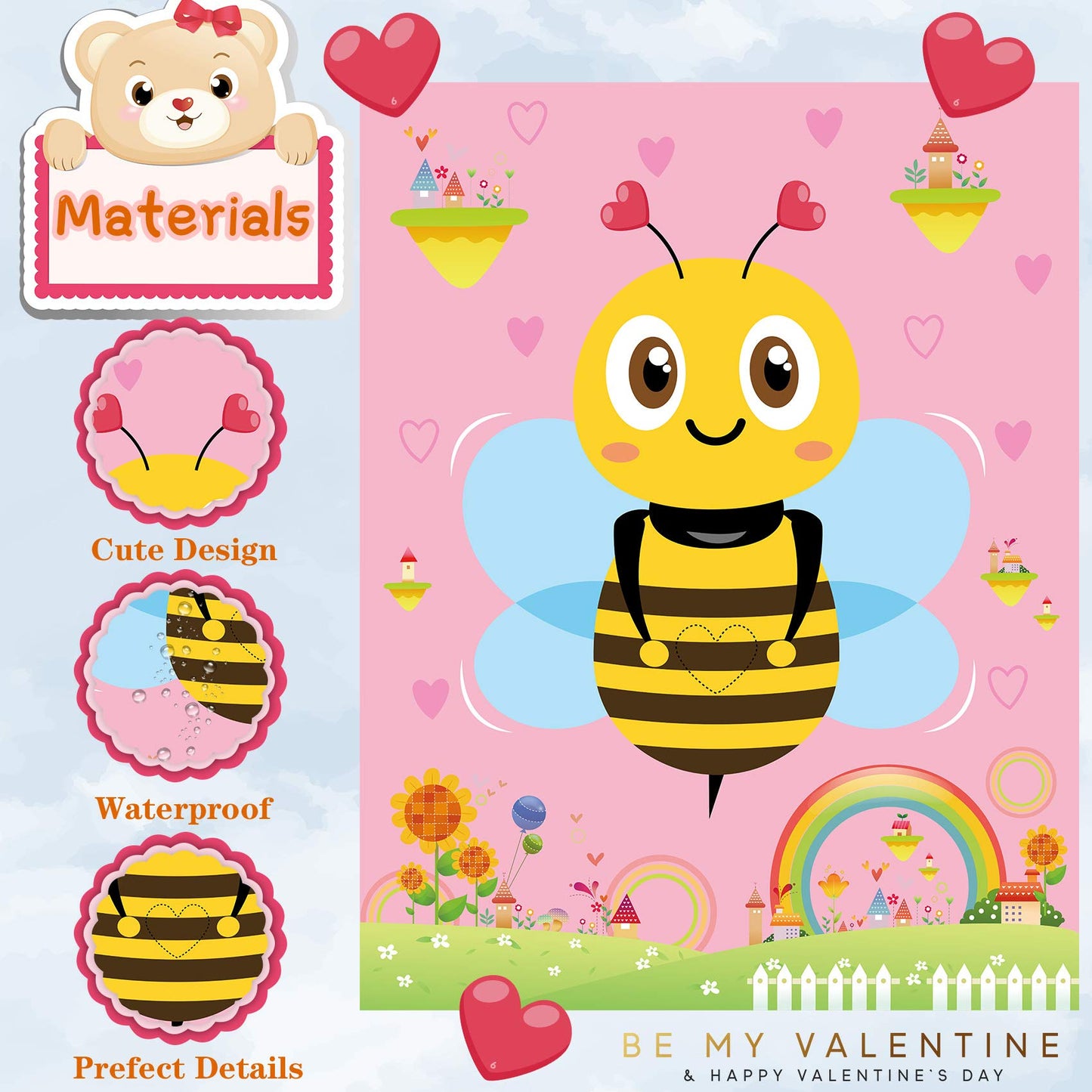 Funnlot Valentine Day Games for Kids – Pin the Heart on the Bee with 36 Heart Stickers
