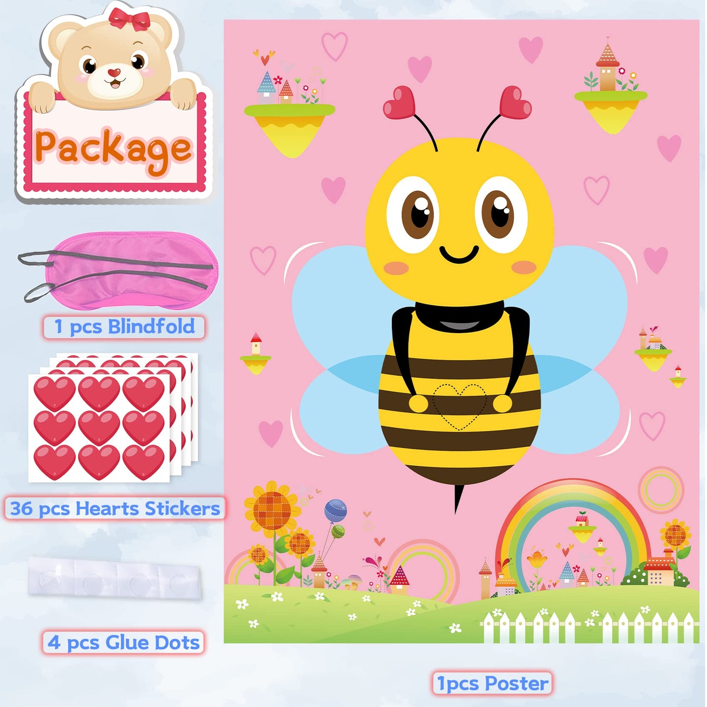 Funnlot Valentine Day Games for Kids – Pin the Heart on the Bee with 36 Heart Stickers