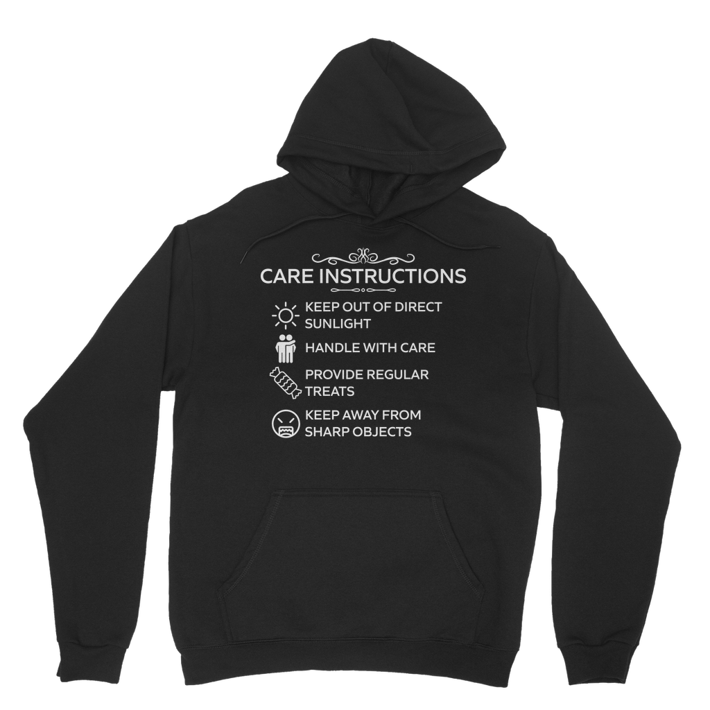 Care Instructions White Print Classic Hoodie | Funny Ethical Unisex Hoodie