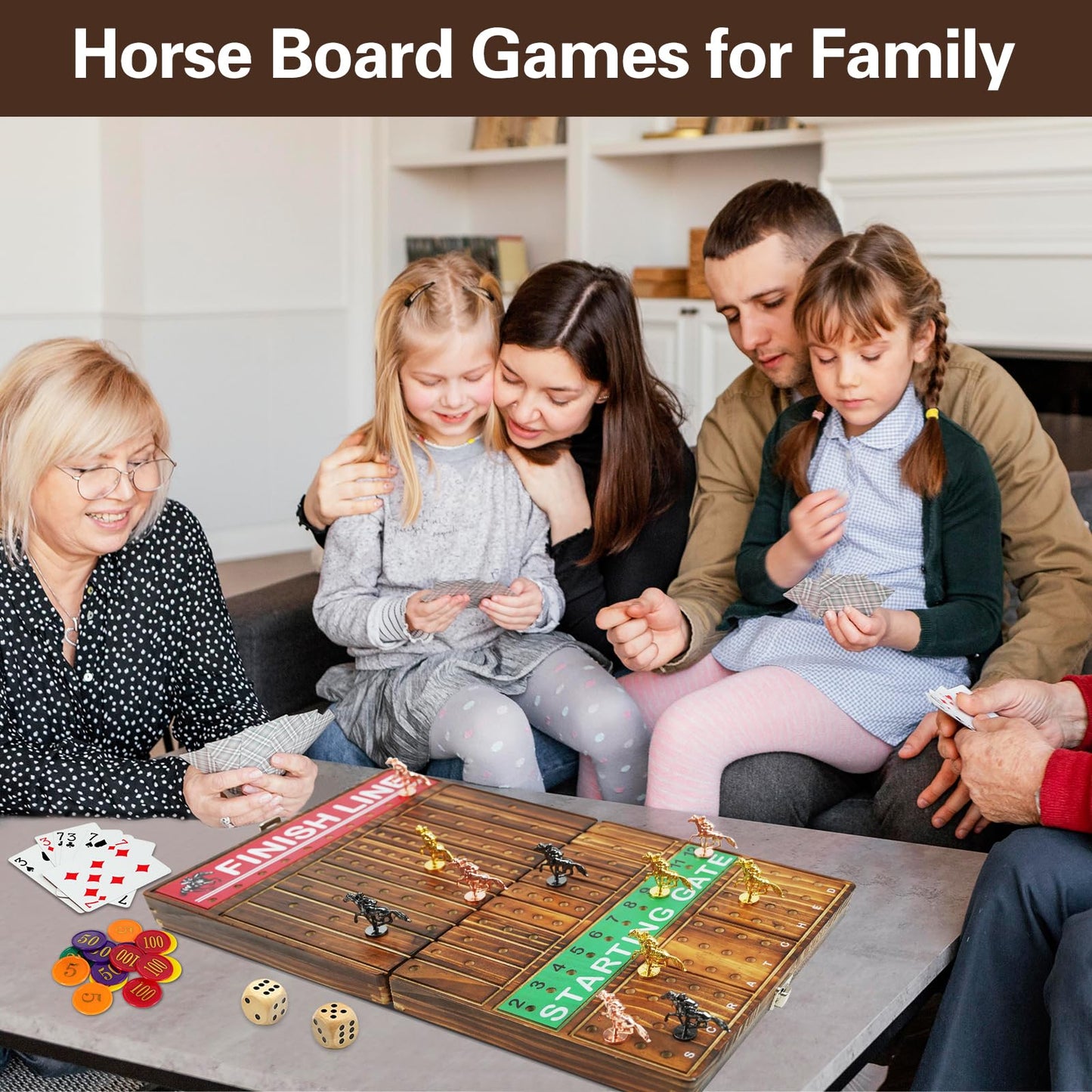 FUNNYB&G 21-Inch Foldable Horse Race Board Game — Large Wooden Set with 11 Metal Horses, Chips, Dice, Cards