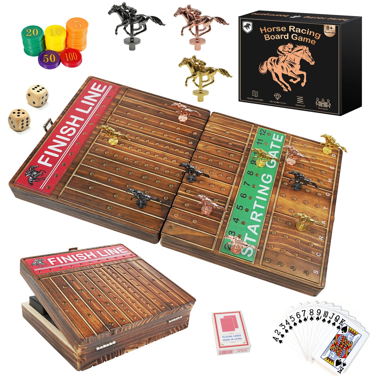 FUNNYB&G 21-Inch Foldable Horse Race Board Game — Large Wooden Set with 11 Metal Horses, Chips, Dice, Cards