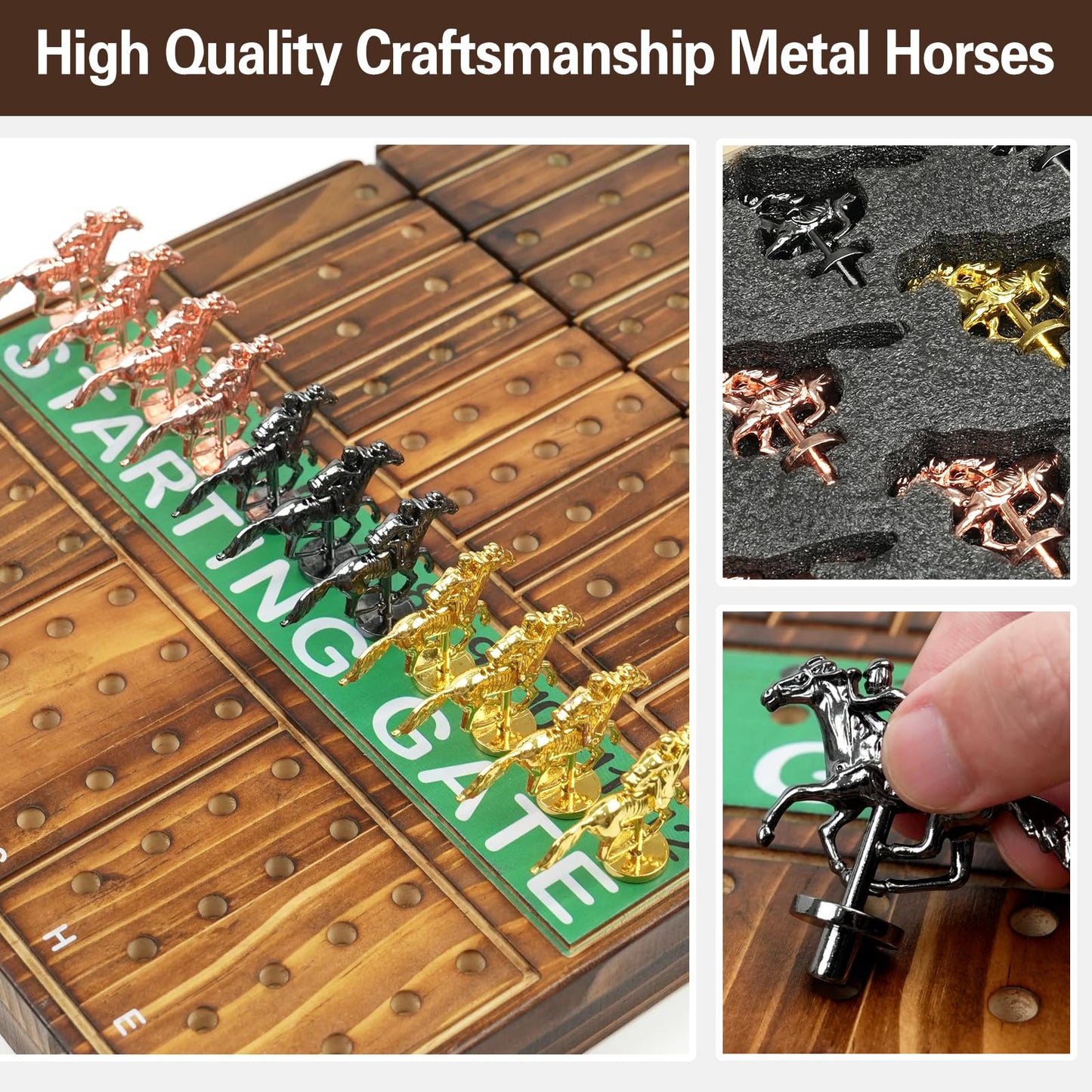 FUNNYB&G 21-Inch Foldable Horse Race Board Game — Large Wooden Set with 11 Metal Horses, Chips, Dice, Cards