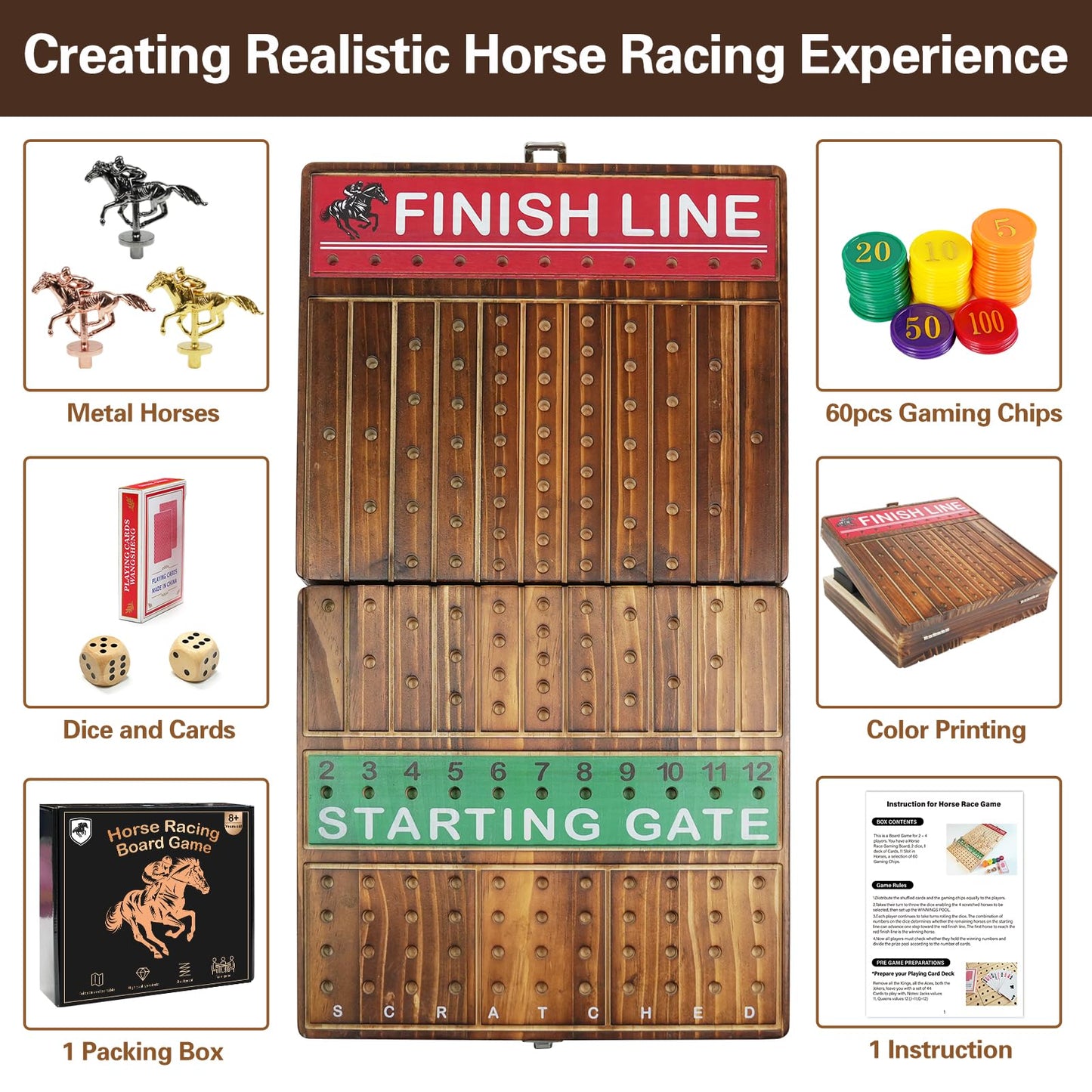 FUNNYB&G 21-Inch Foldable Horse Race Board Game — Large Wooden Set with 11 Metal Horses, Chips, Dice, Cards