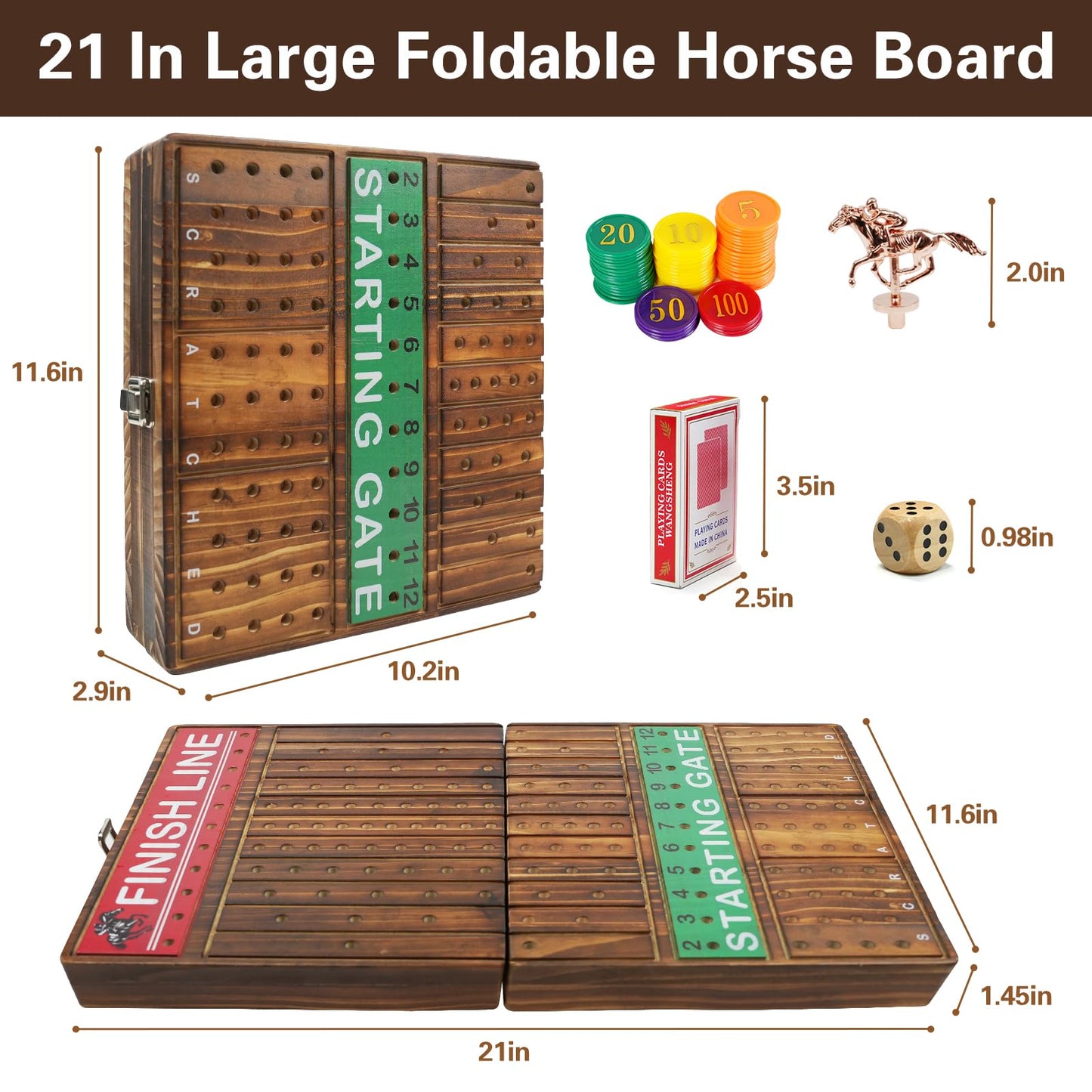 FUNNYB&G 21-Inch Foldable Horse Race Board Game — Large Wooden Set with 11 Metal Horses, Chips, Dice, Cards