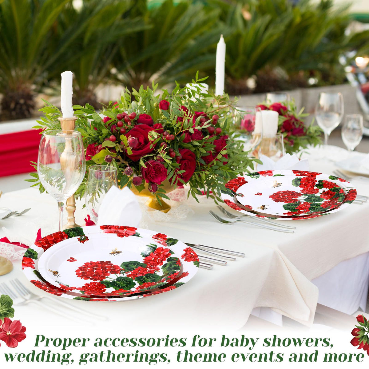 Funnymoom Geranium Floral Paper Plates – 60 Pcs 9in & 7in, Red Floral Disposable Party Tableware