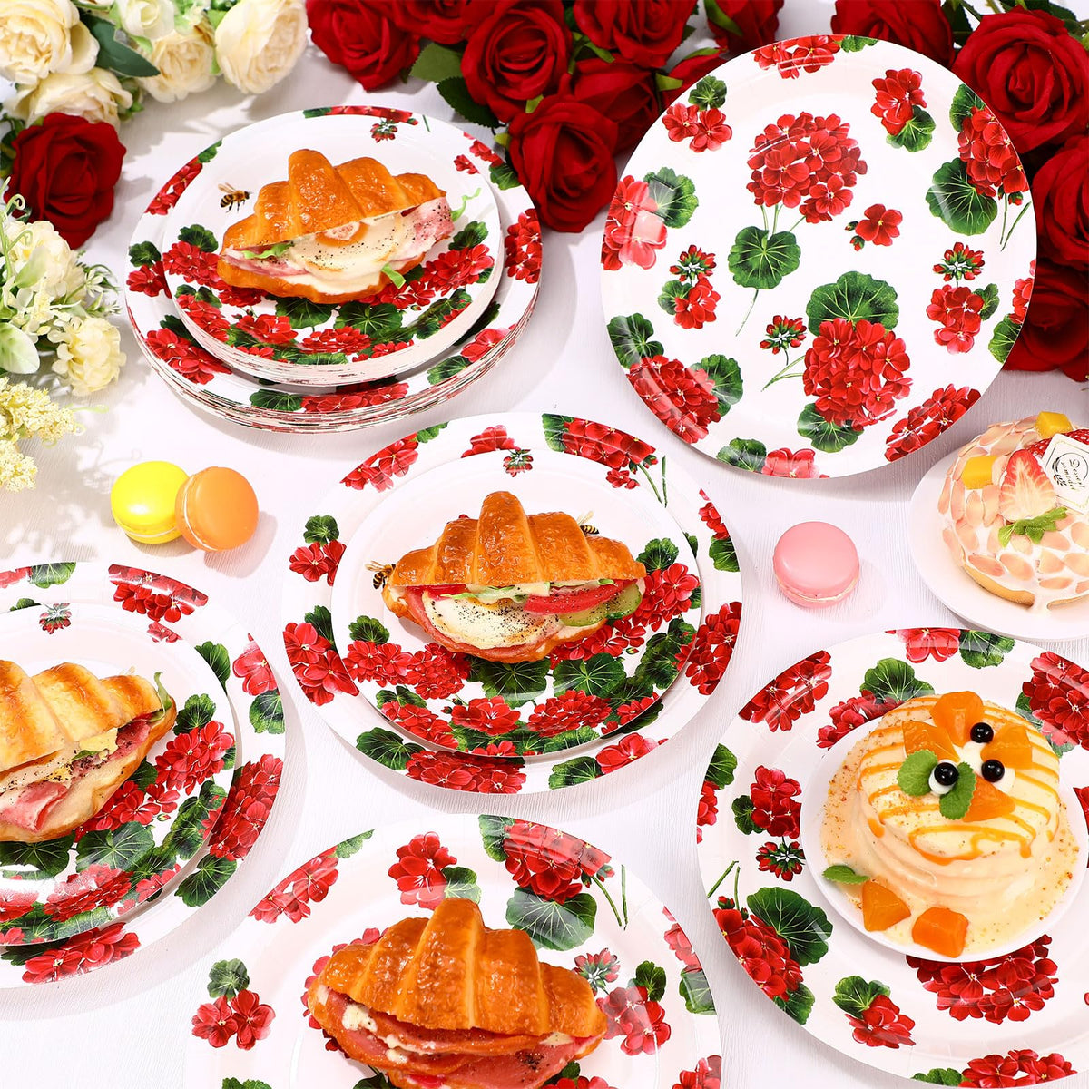 Funnymoom Geranium Floral Paper Plates – 60 Pcs 9in & 7in, Red Floral Disposable Party Tableware