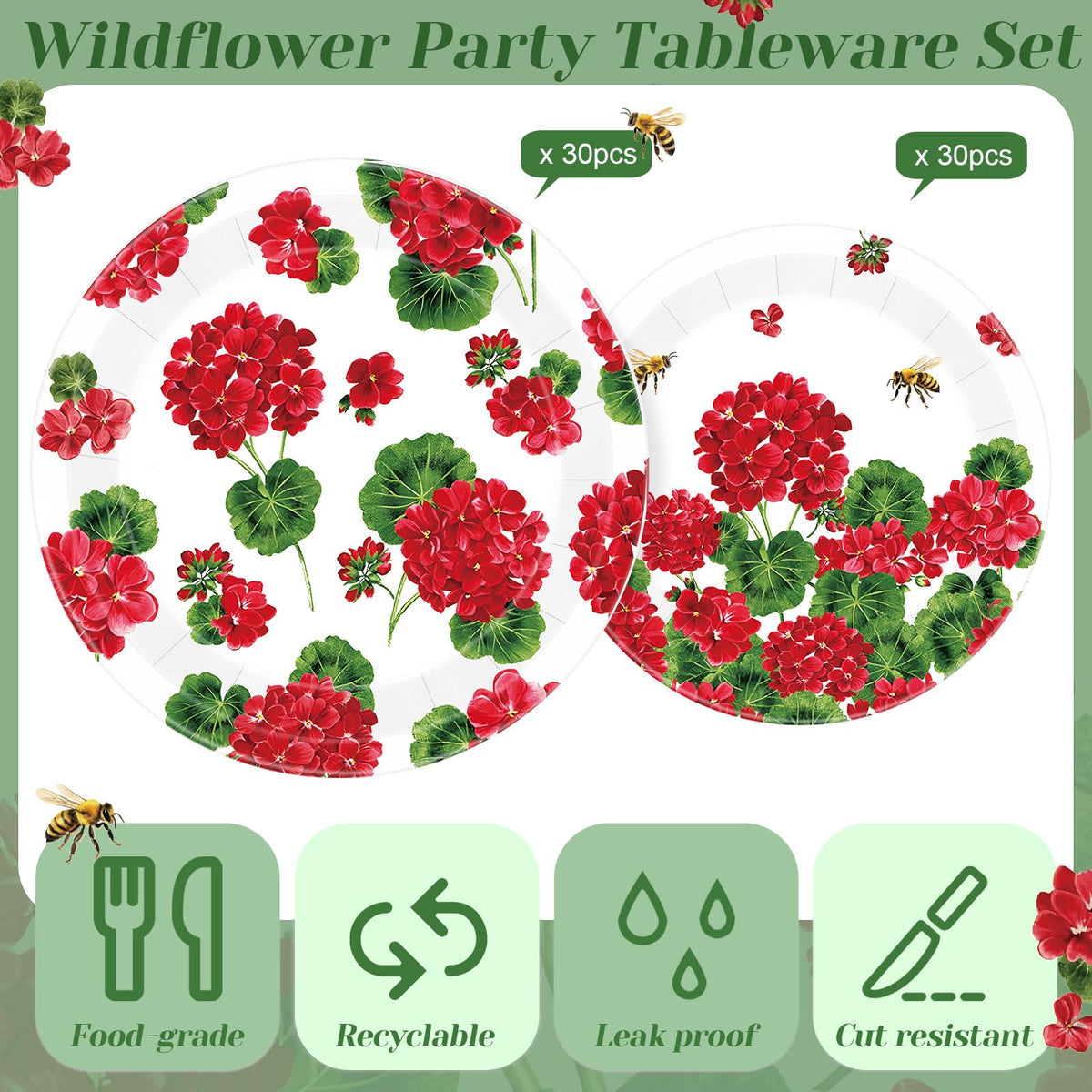 Funnymoom Geranium Floral Paper Plates – 60 Pcs 9in & 7in, Red Floral Disposable Party Tableware