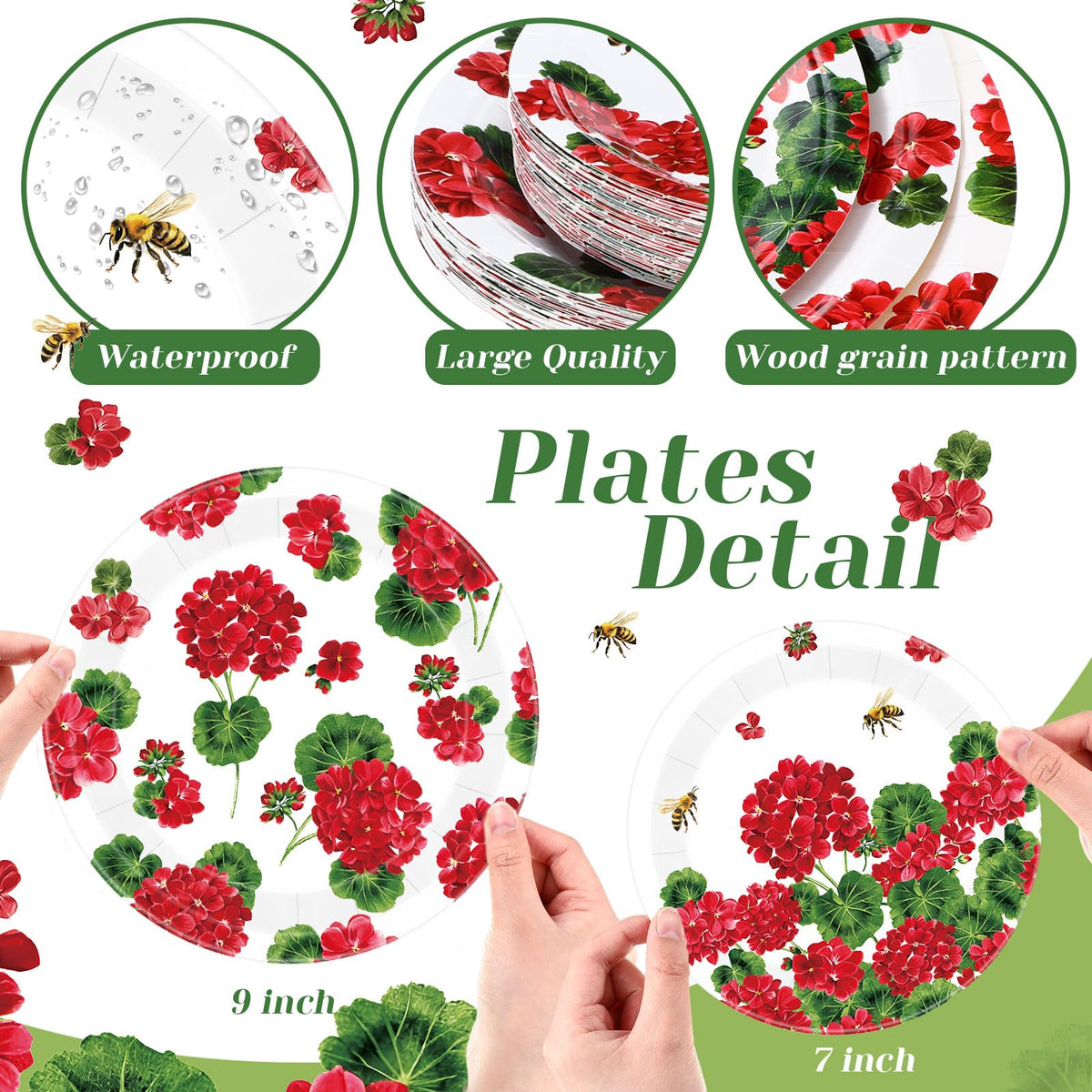 Funnymoom Geranium Floral Paper Plates – 60 Pcs 9in & 7in, Red Floral Disposable Party Tableware
