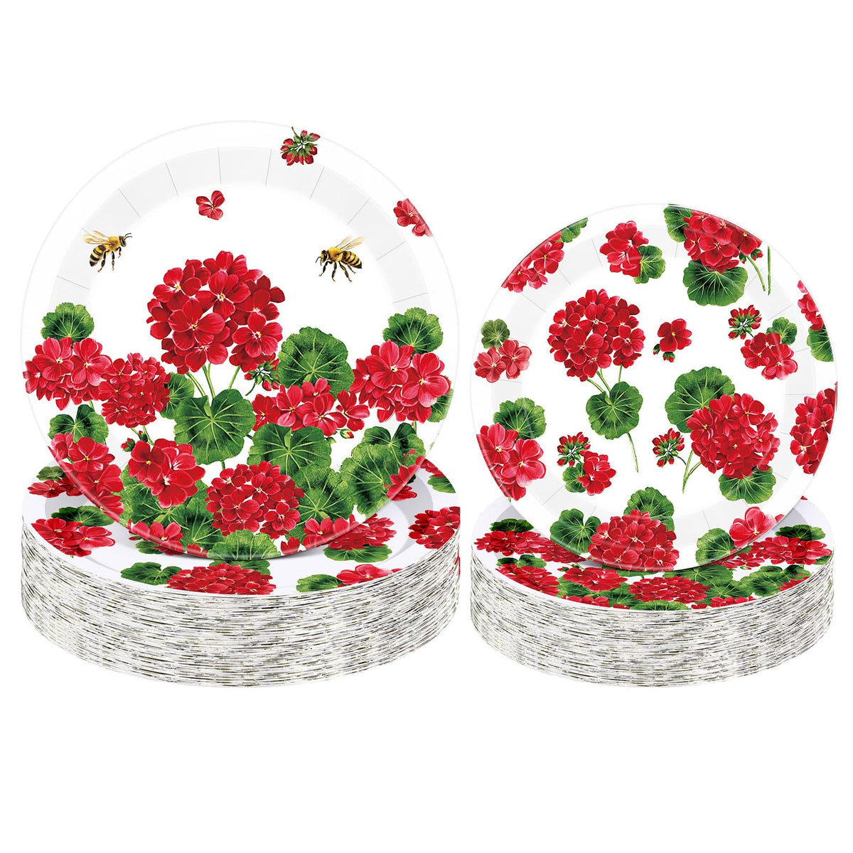 Funnymoom Geranium Floral Paper Plates – 60 Pcs 9in & 7in, Red Floral Disposable Party Tableware